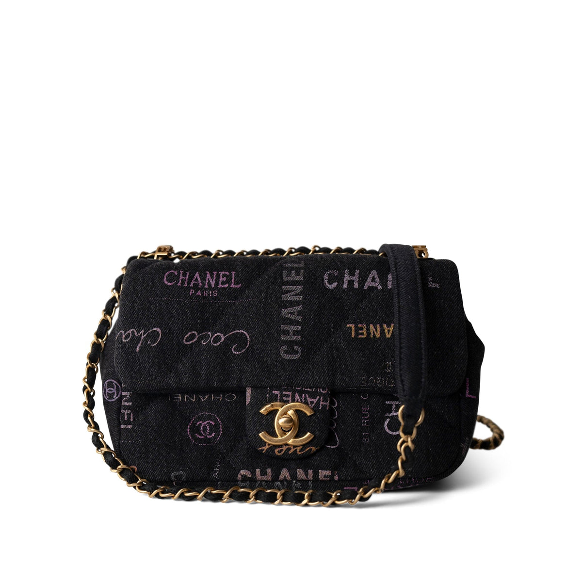 22P Small Black Denim Quilted Single Flap AGHW