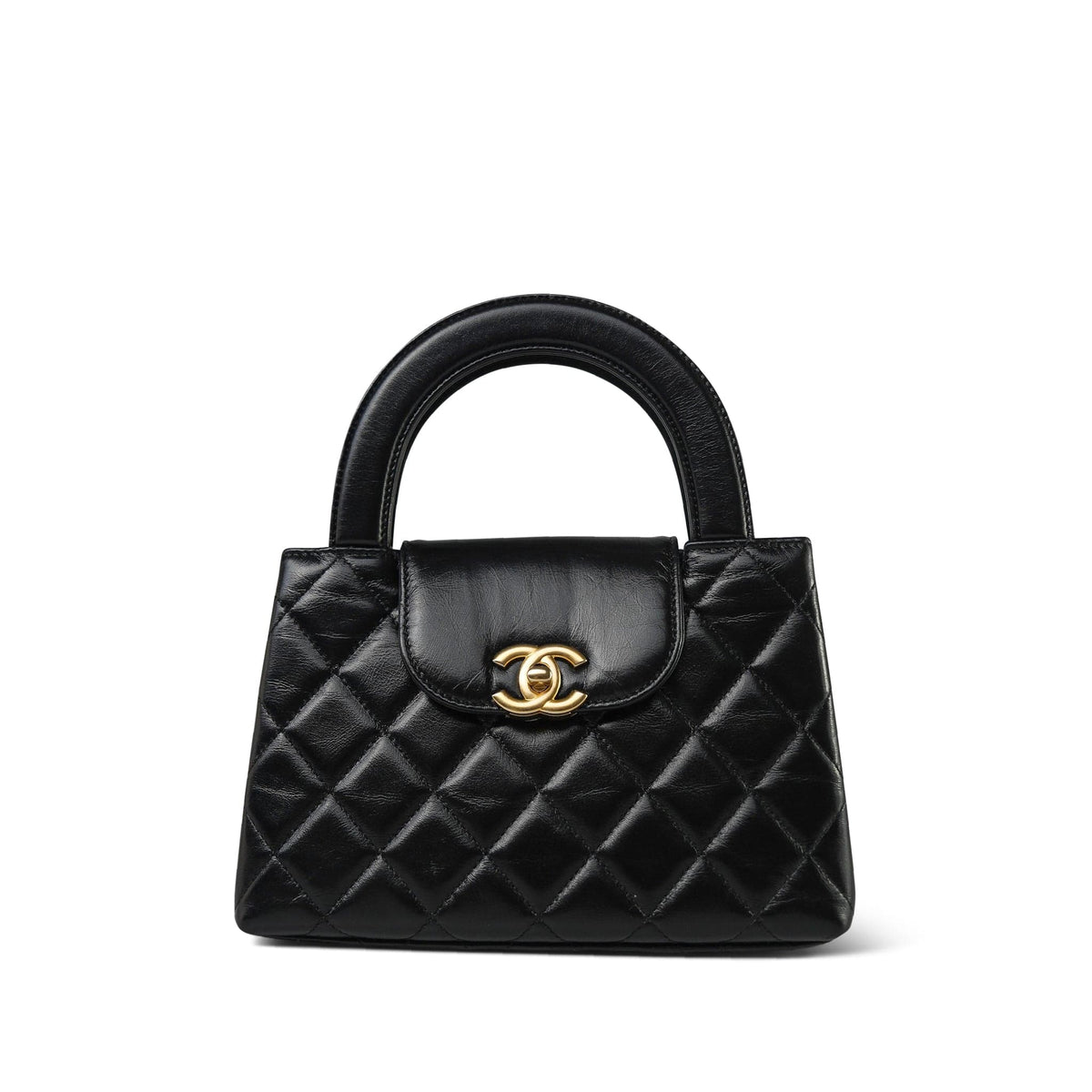 23K Black Shiny Aged Calfskin Quilted Mini Kelly Shopper Aged Gold Hardware
