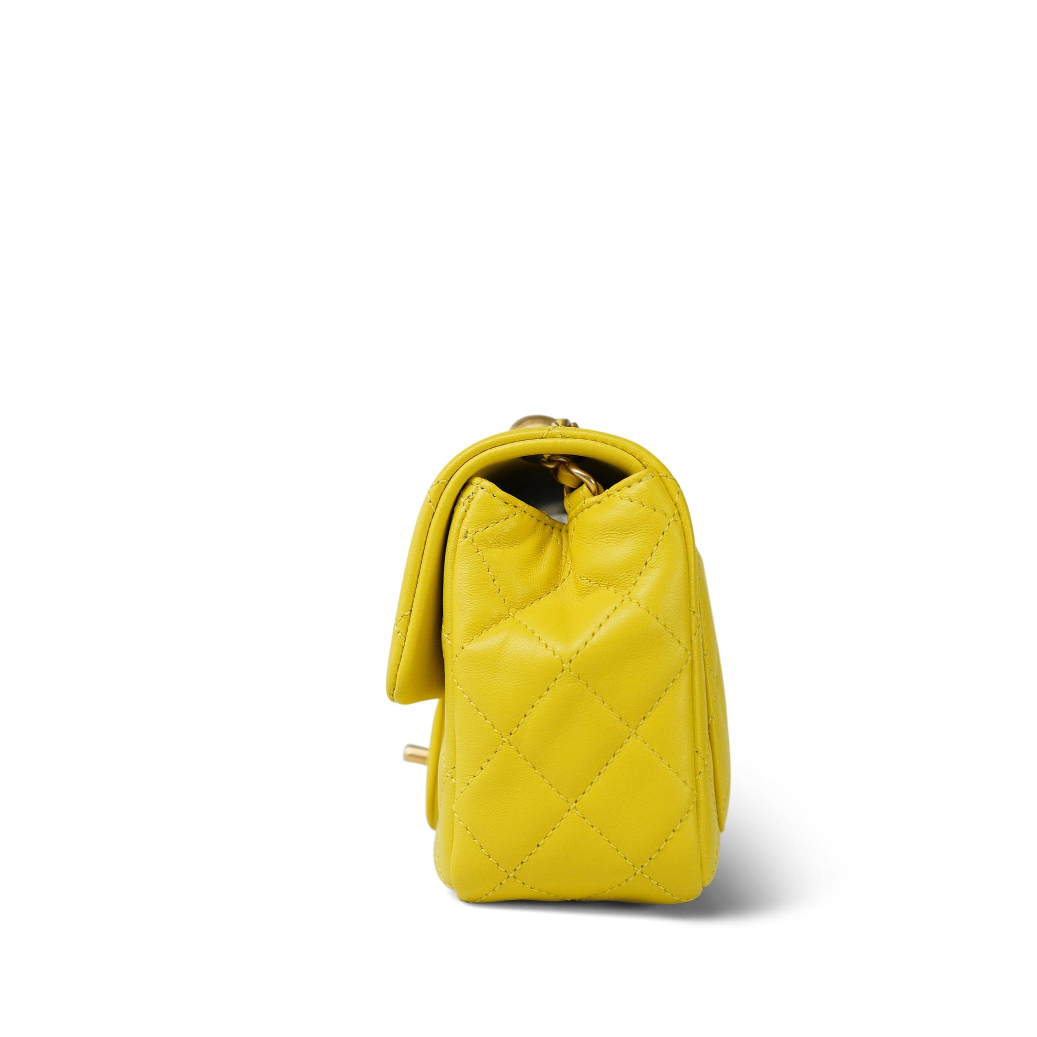 23C Yellow Lambskin Quilted Pearl Crush Mini Square Flap Aged Gold