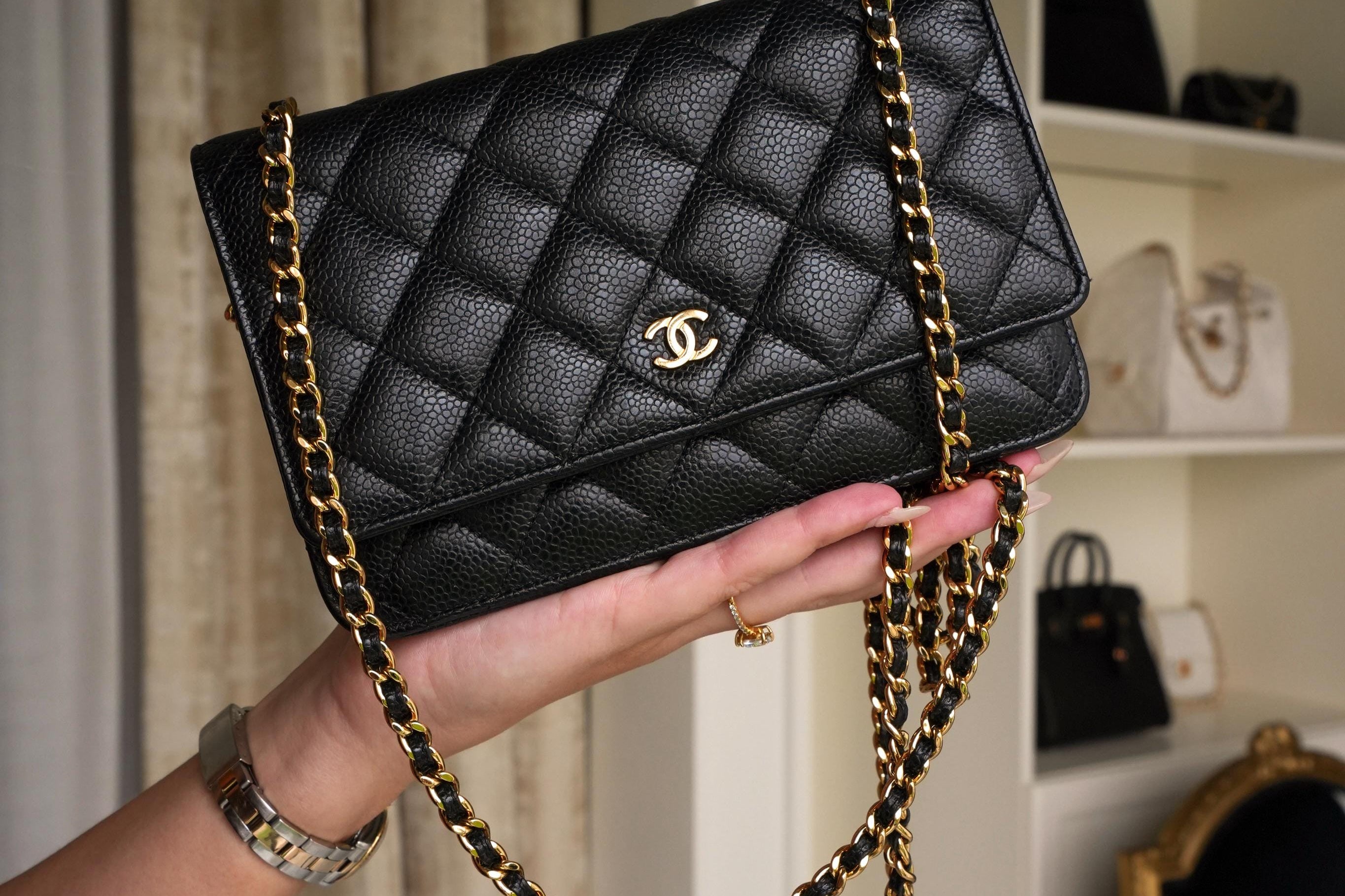 Product image 10 of 18: Black Caviar Quilted WOC Wallet On Chain Gold HW
