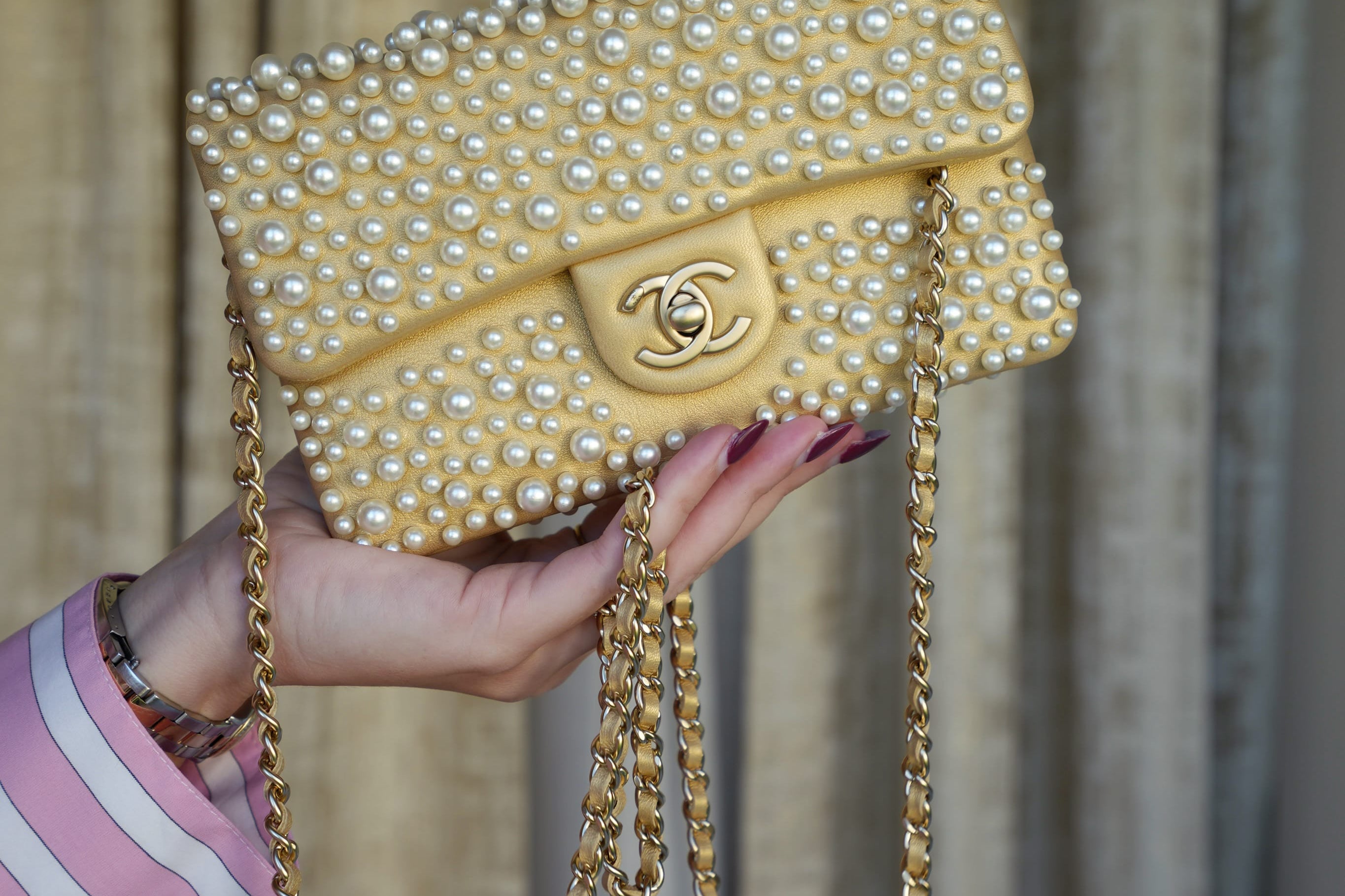 Product image 10 of 15: 15C Metallic Gold Lambskin Pearl Embellished Slim Flap Bag AGHW