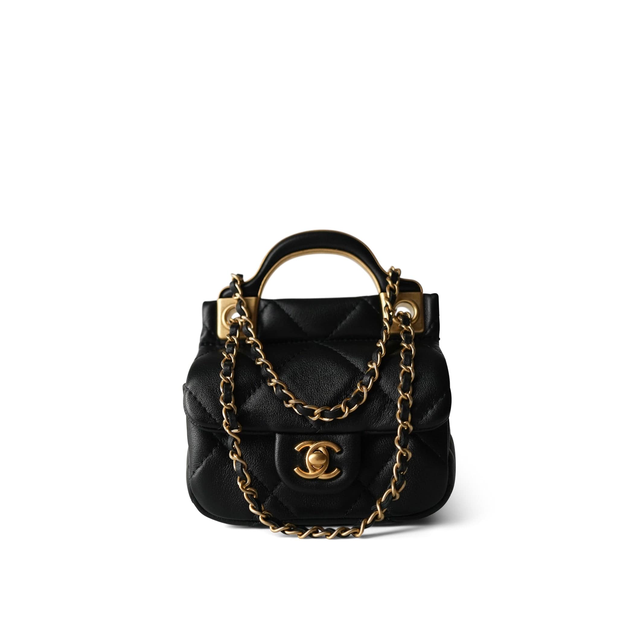 Black Calfskin Quilted Lady Handle Flap Card Holder on Chain Aged