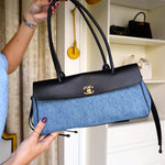 Product image 10 of 16: 26A Black Calfskin/ Denim Quilted Urban Essentials Shopping Bag Small Gold Hardware