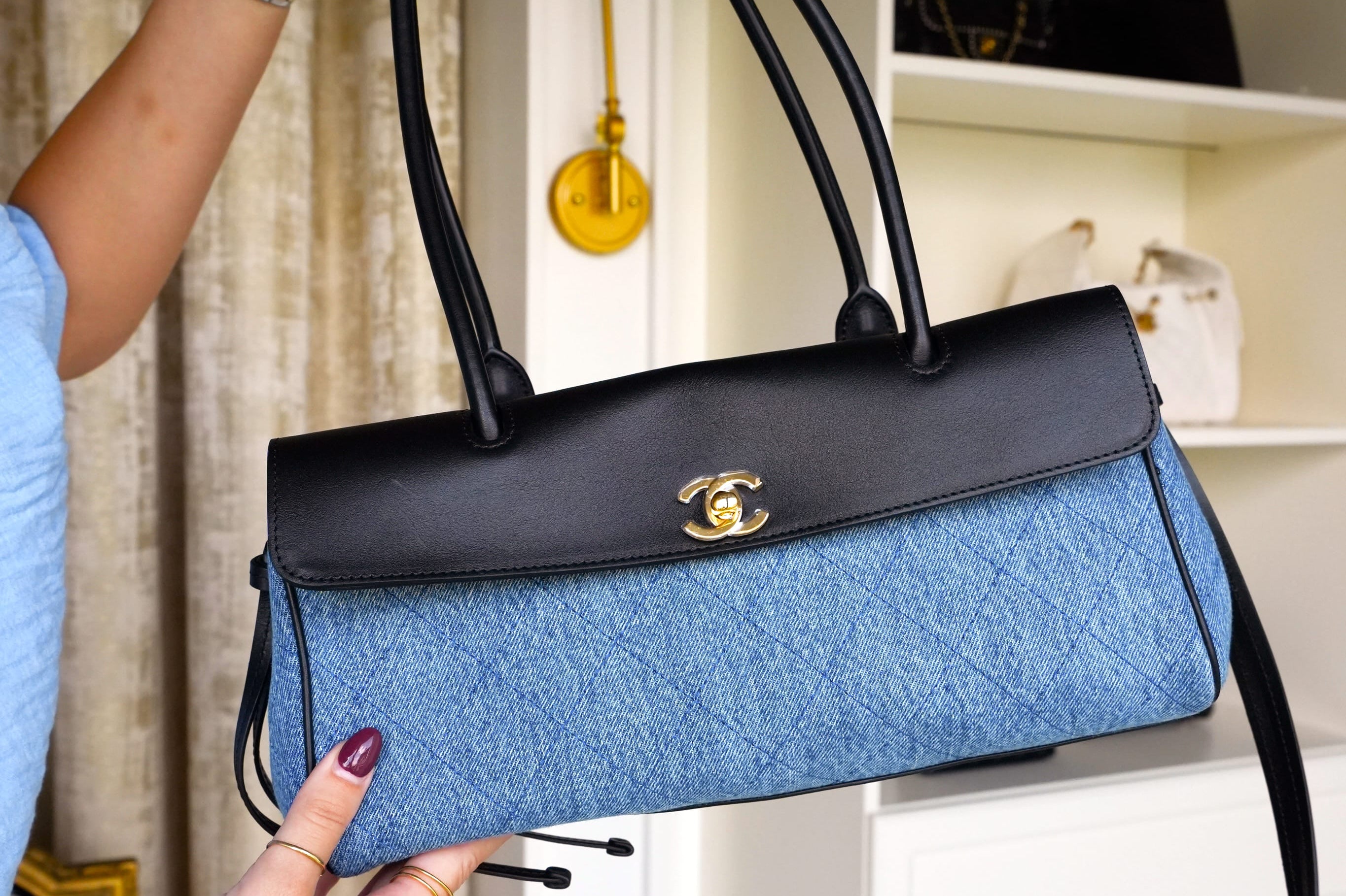 Product image 10 of 16: 26A Black Calfskin/ Denim Quilted Urban Essentials Shopping Bag Small Gold Hardware