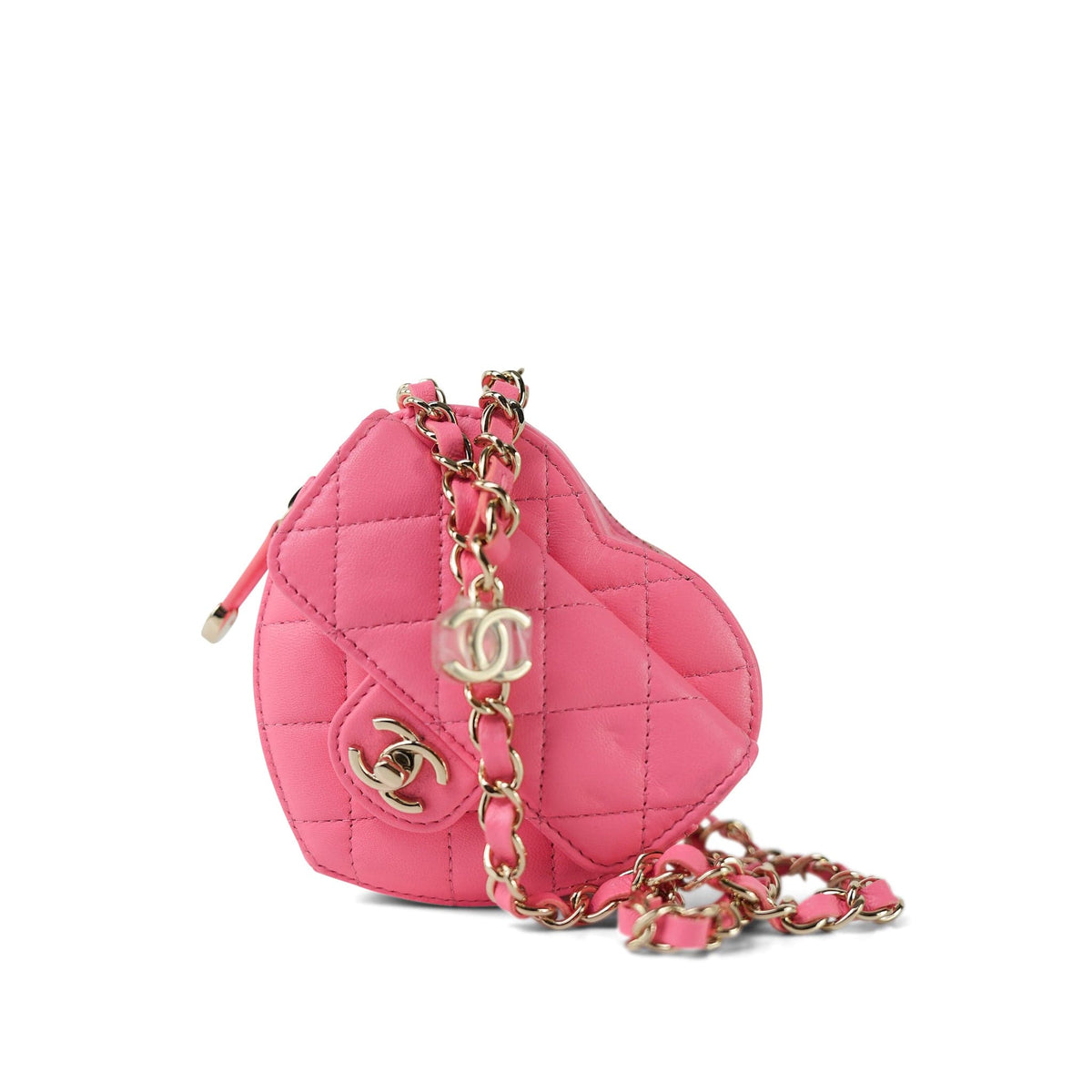 22S CC In Love Heart Zipped Pink Lambskin Quilted Belt Bag LGHW