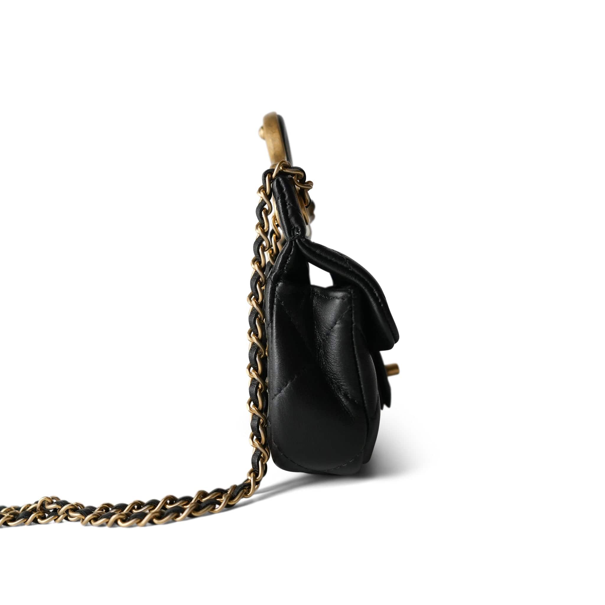 Black Calfskin Quilted Lady Handle Flap Card Holder on Chain