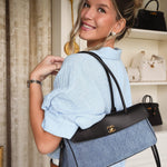 Product image 2 of 16: 26A Black Calfskin/ Denim Quilted Urban Essentials Shopping Bag Small Gold Hardware