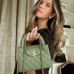 Product image 2 of 14: Dark Green Lambskin Quilted Kelly Shopper Aged Gold Hardware