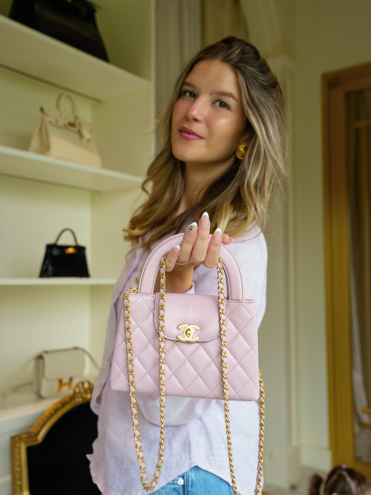 Light Pink/ Lilac Calfskin Quilted Kelly Shopper Small Aged Gold Hardware