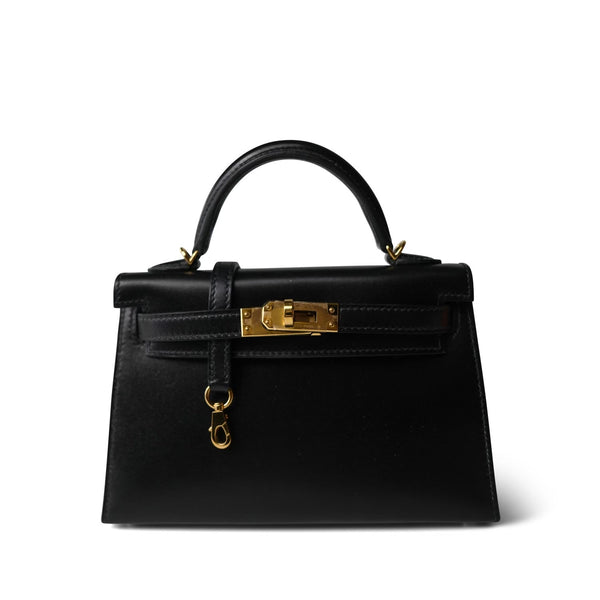 Mini Kelly 20 Sellier Black Box Calfskin Gold Plated B Stamp