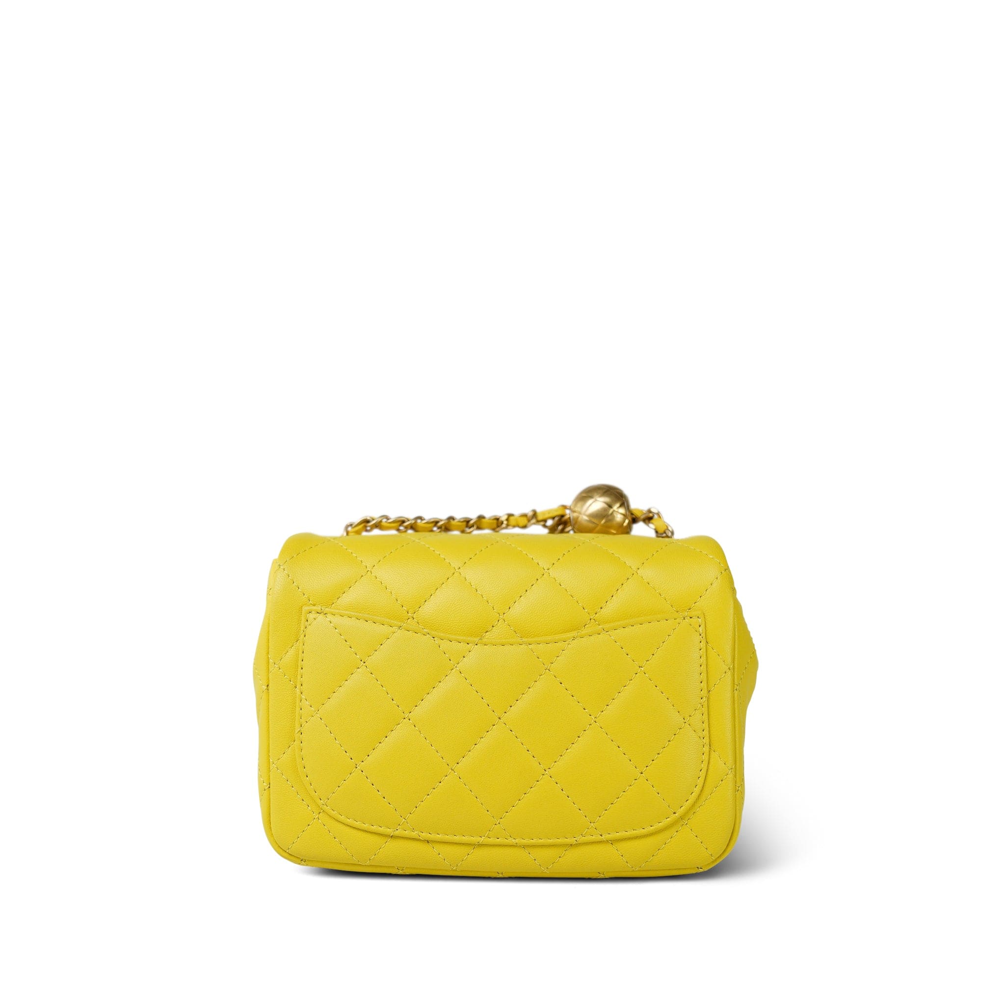 23C Yellow Lambskin Quilted Pearl Crush Mini Square Flap Aged Gold