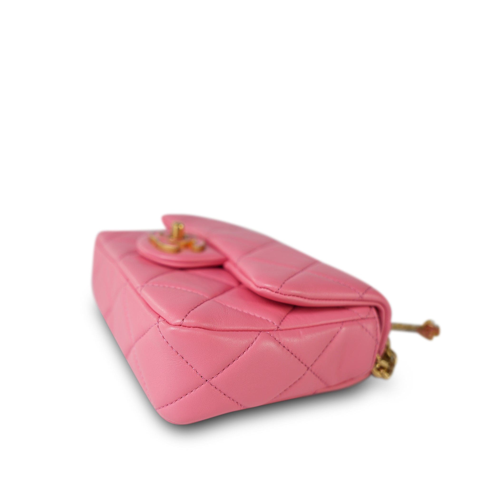 22P Pink Enamel Lambskin Quilted Pending CC Small Square Flap Aged