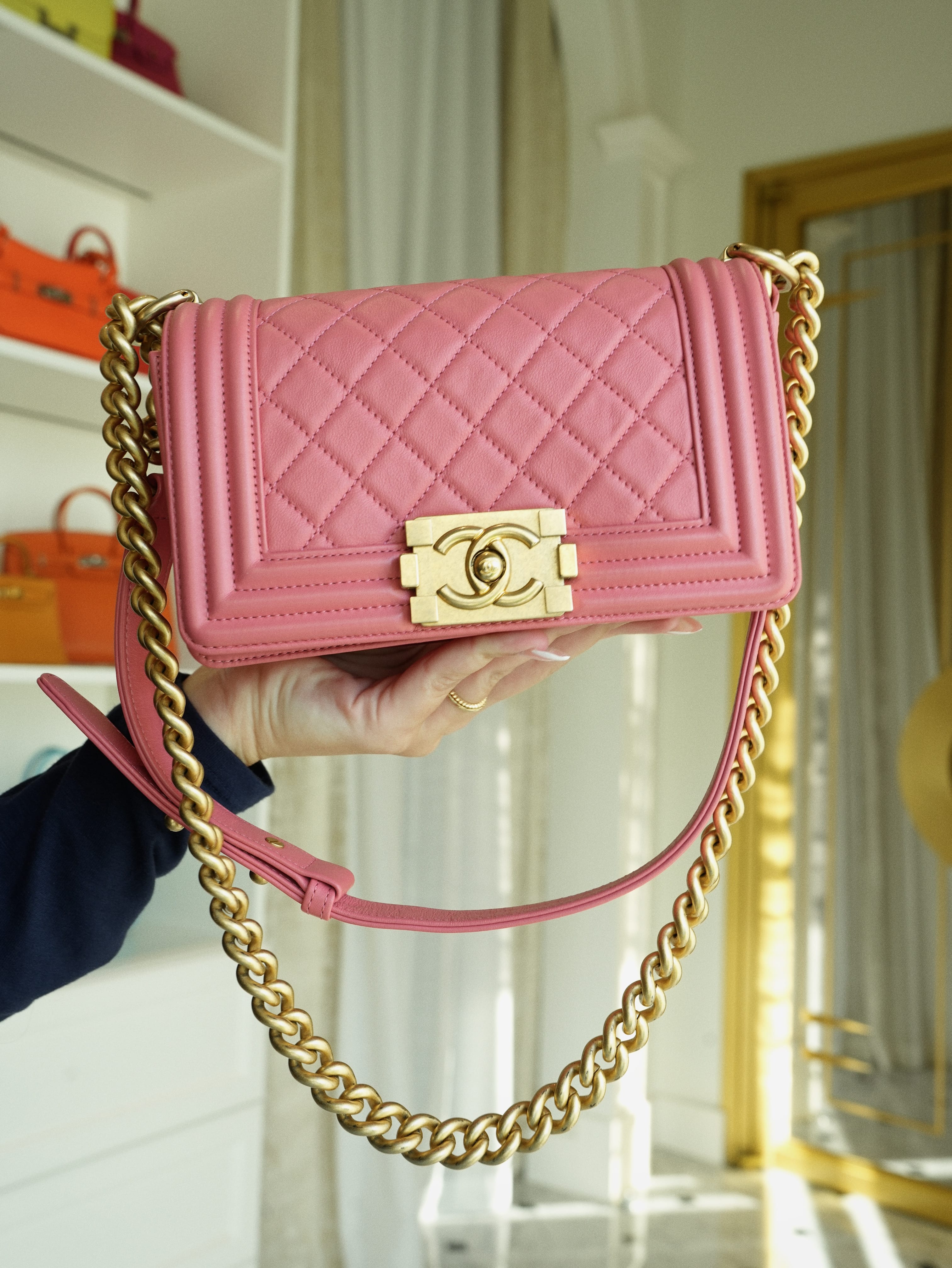 Pink Lambskin Quilted Small Boy Bag Aged Gold Hardware – REDELUXE