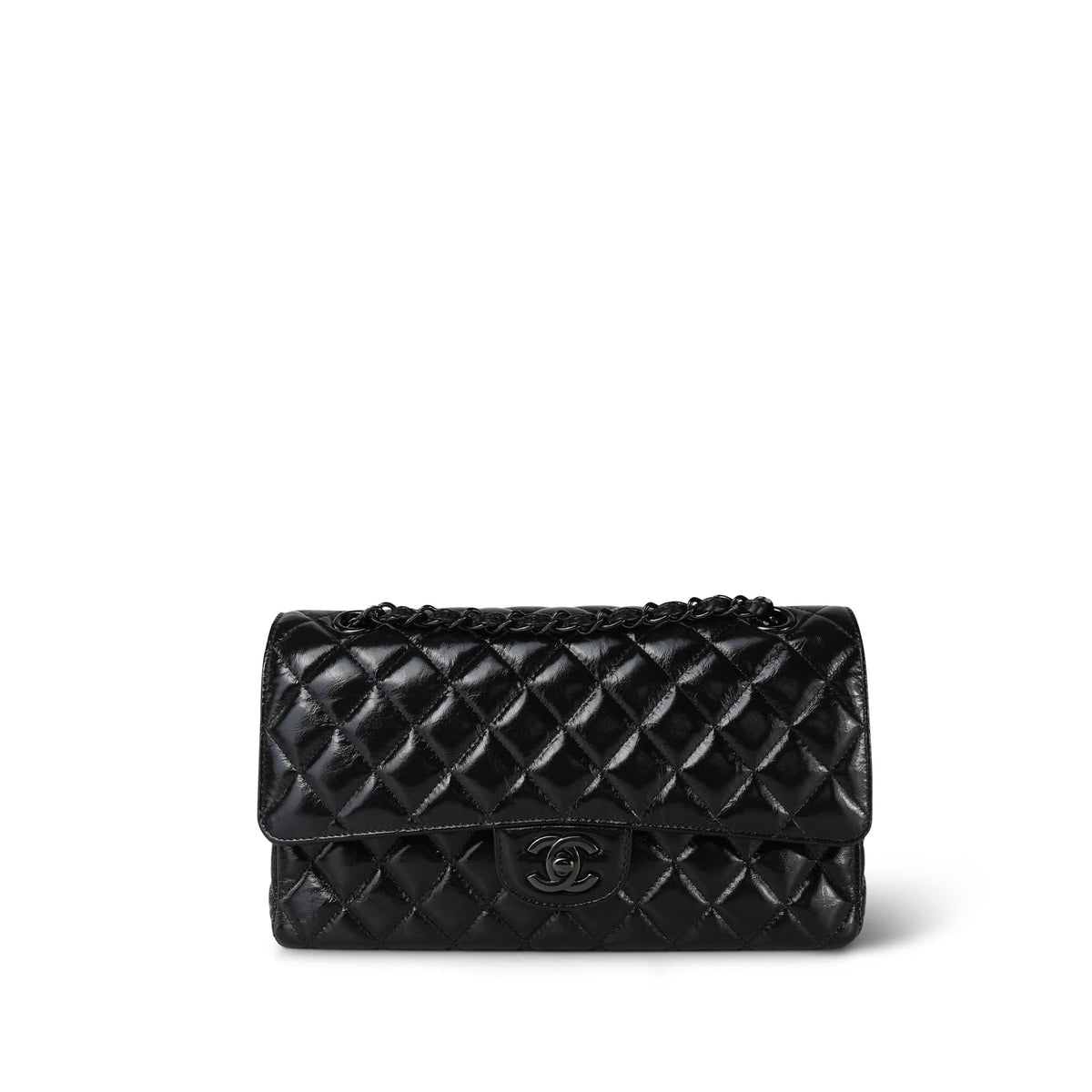 So Black Shiny Crumpled Calfskin Quilted Medium Classic Flap