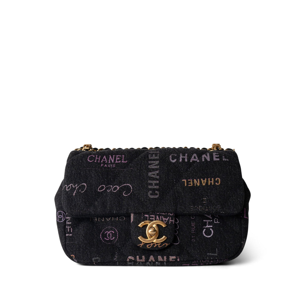 22P Small Black Denim Quilted Single Flap AGHW