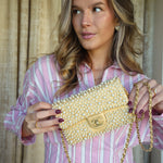 Product image 6 of 15: 15C Metallic Gold Lambskin Pearl Embellished Slim Flap Bag AGHW