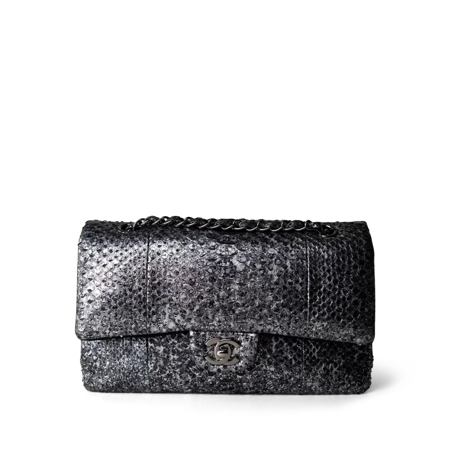 Python's With Flaps Black Silver Metallic Python Medium Classic Flap – REDELUXE