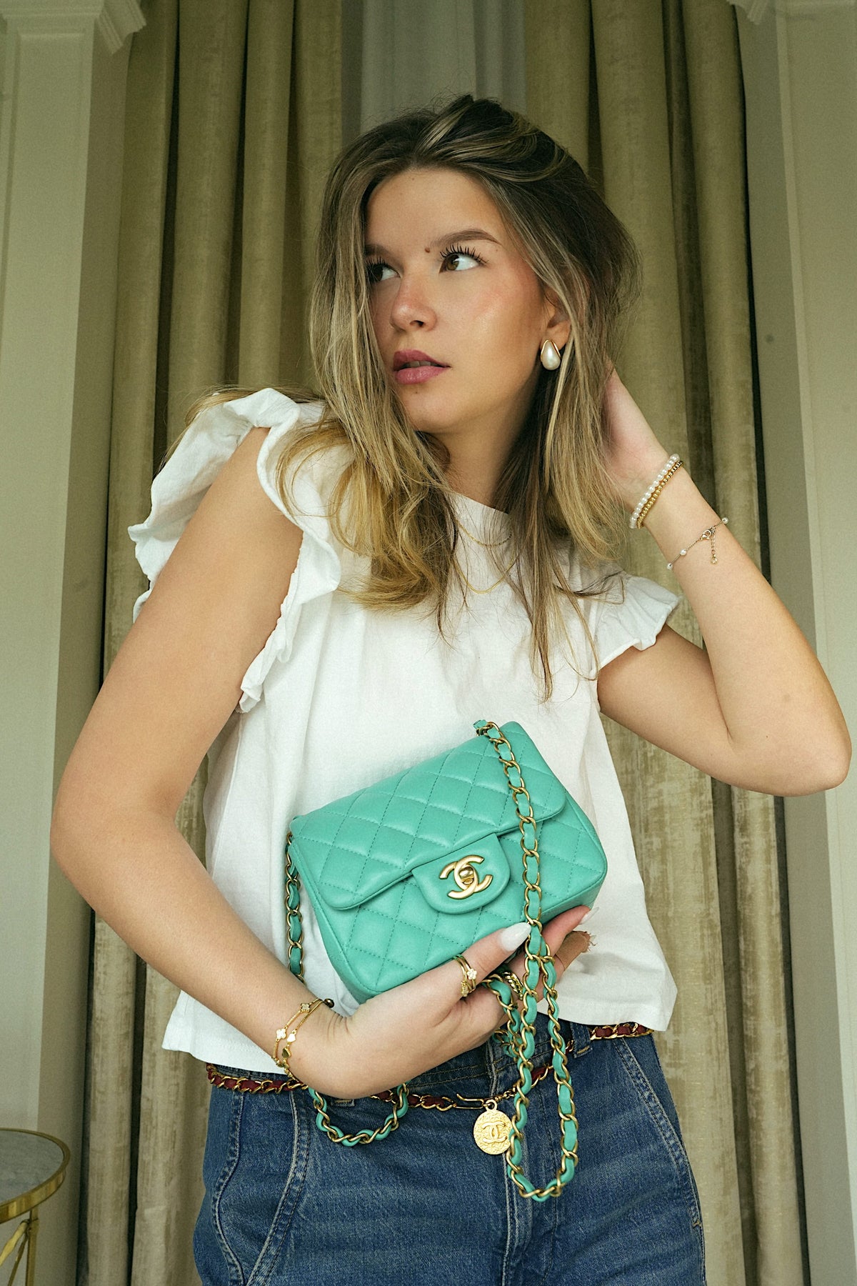 19S Teal Lambskin Quilted Mini Square Flap Aged Gold Hardware