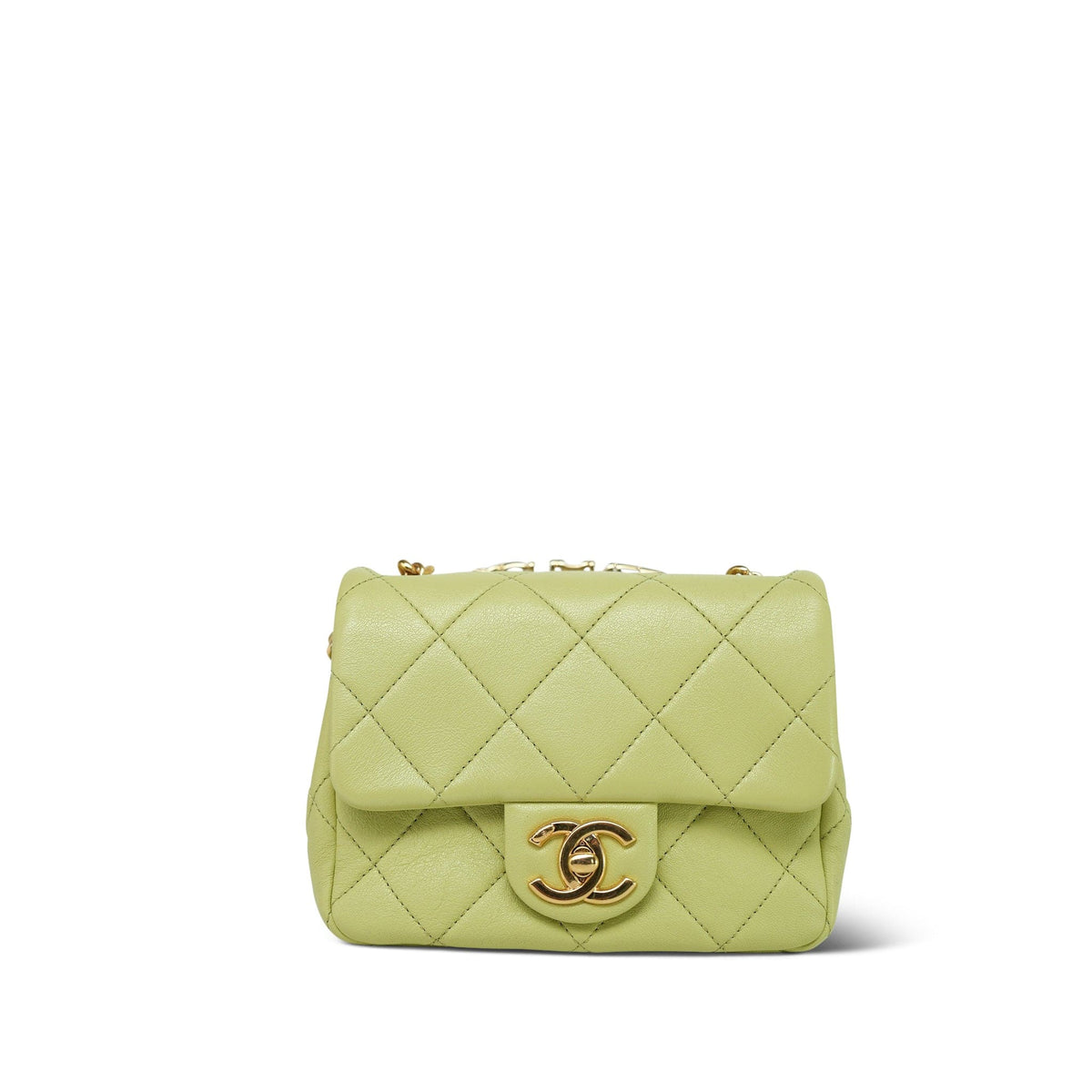 Green Lambskin Quilted Halo Top Handle Mini Square Flap Brushed Gold Hardware