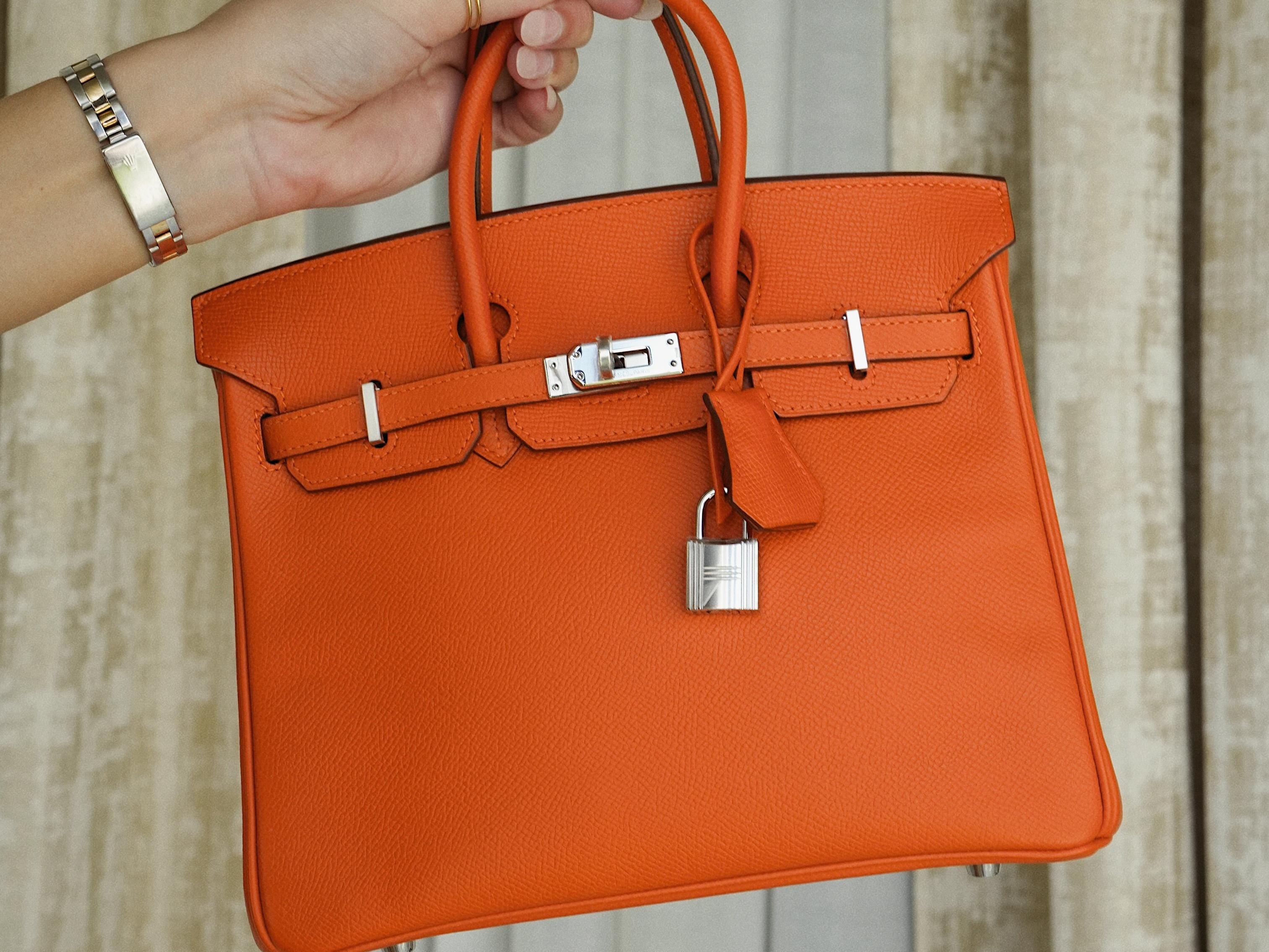 Birkin 25 Orange Epsom Palladium Plated L Square Stamp