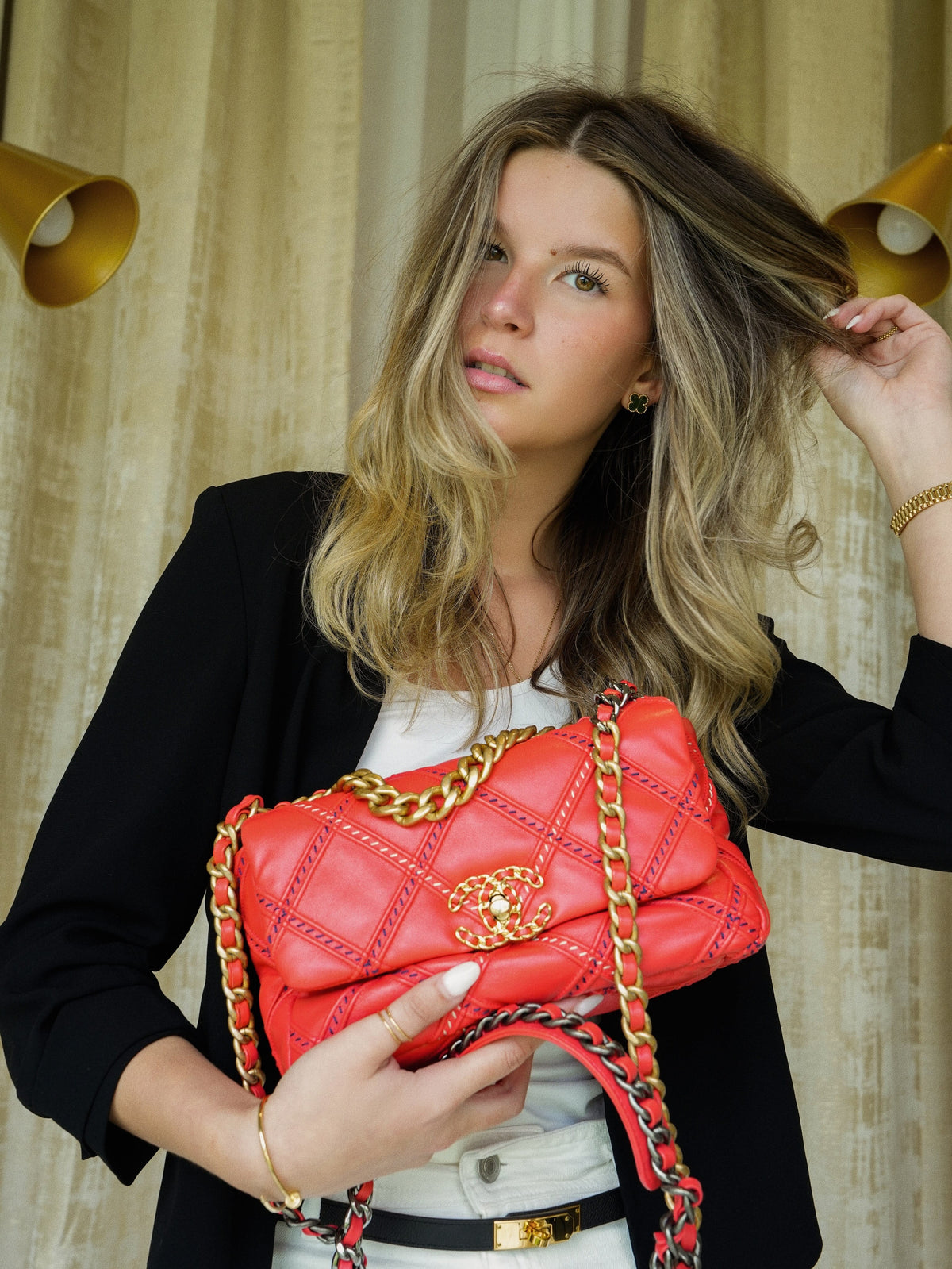 Coral Lambskin Quilted Wild Stitch 19 Flap Small Mixed Hardware