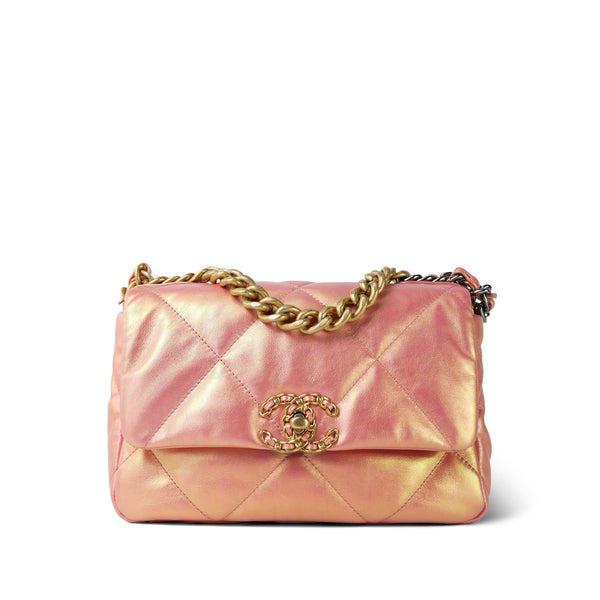 Pink Iridescent Calfskin Quilted 19 Flap Small Mixed Hardware