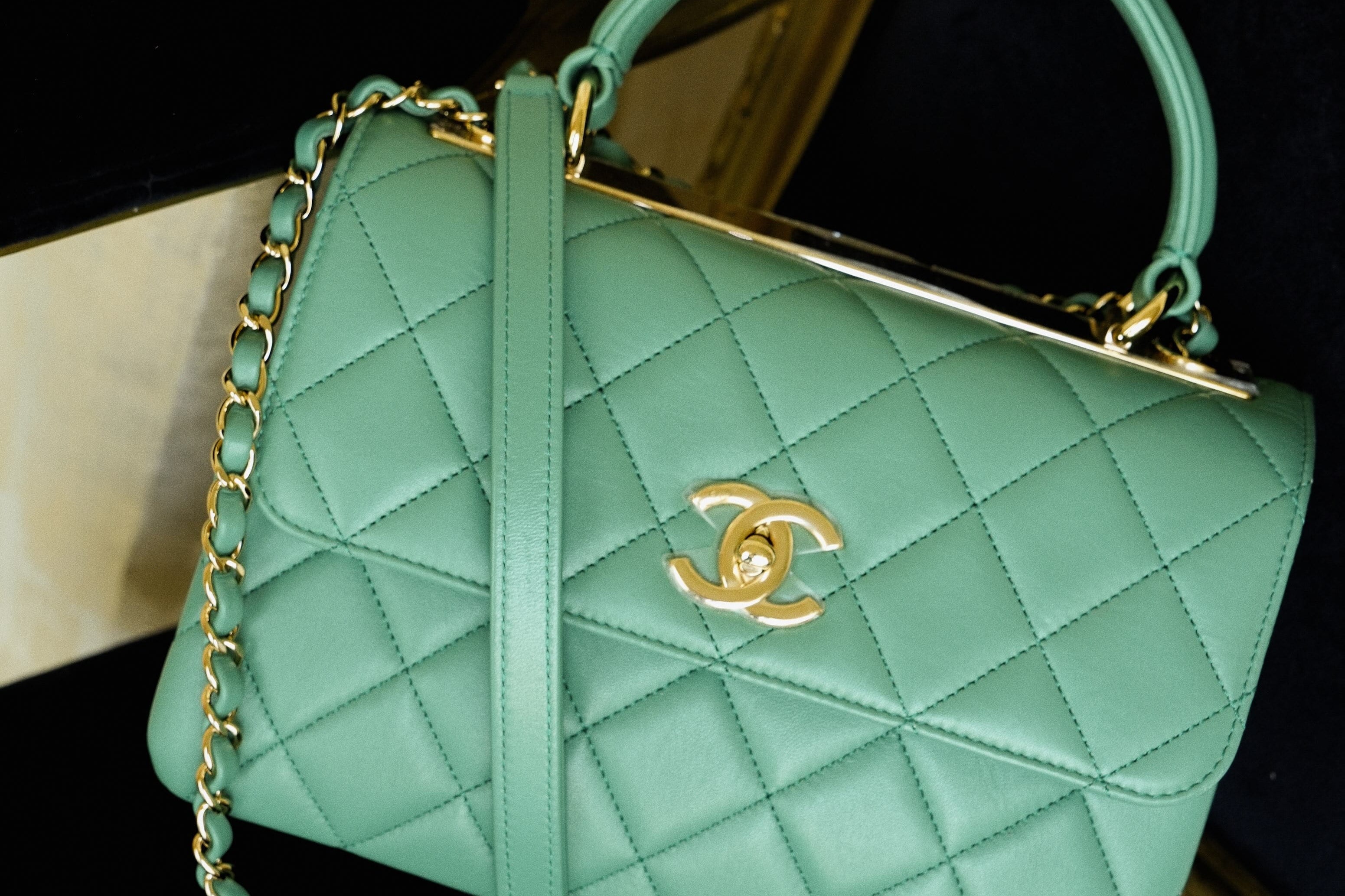 Green Lambskin Quilted Trendy CC Small Light Gold Hardware