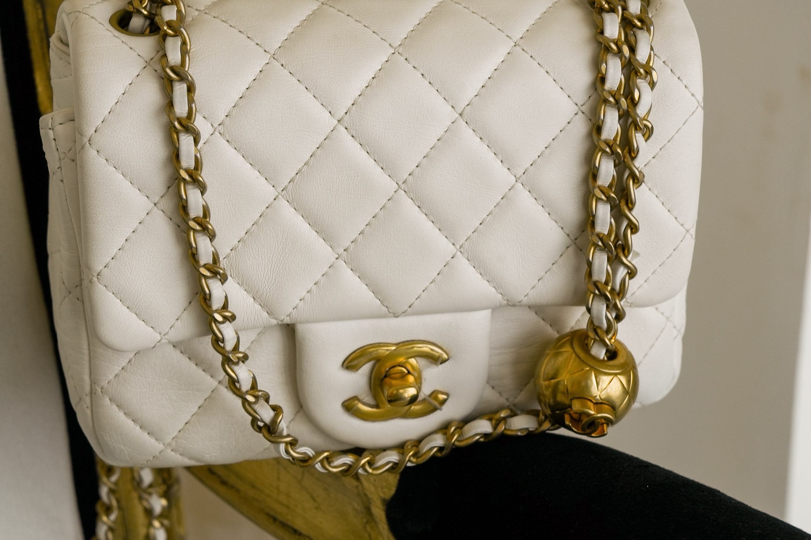 Product image 14 of 18: White Lambskin Quilted Pearl Crush Mini Square Flap Aged Gold Hardware