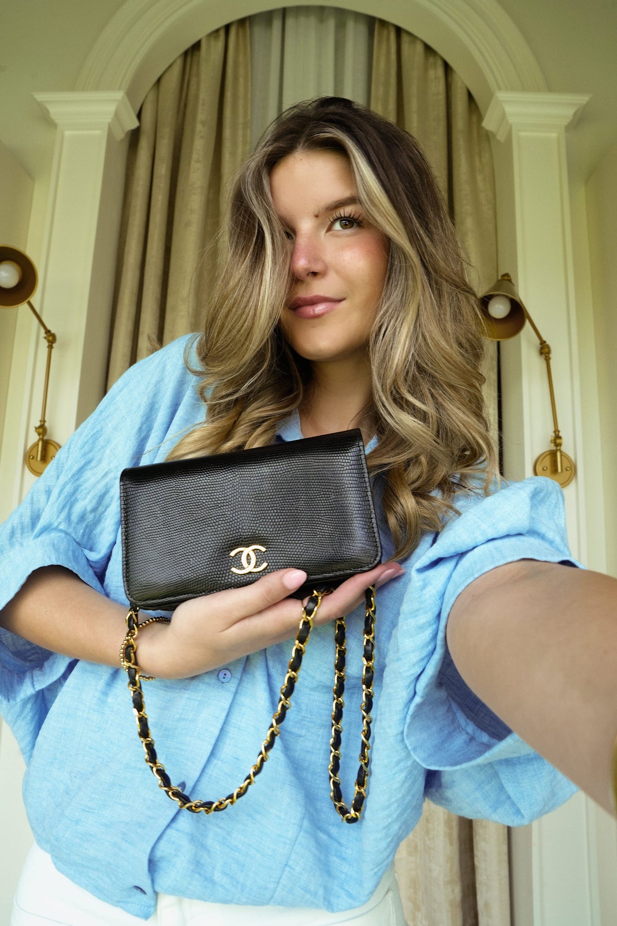 Black Lizard Full Flap Bag Gold Hardware
