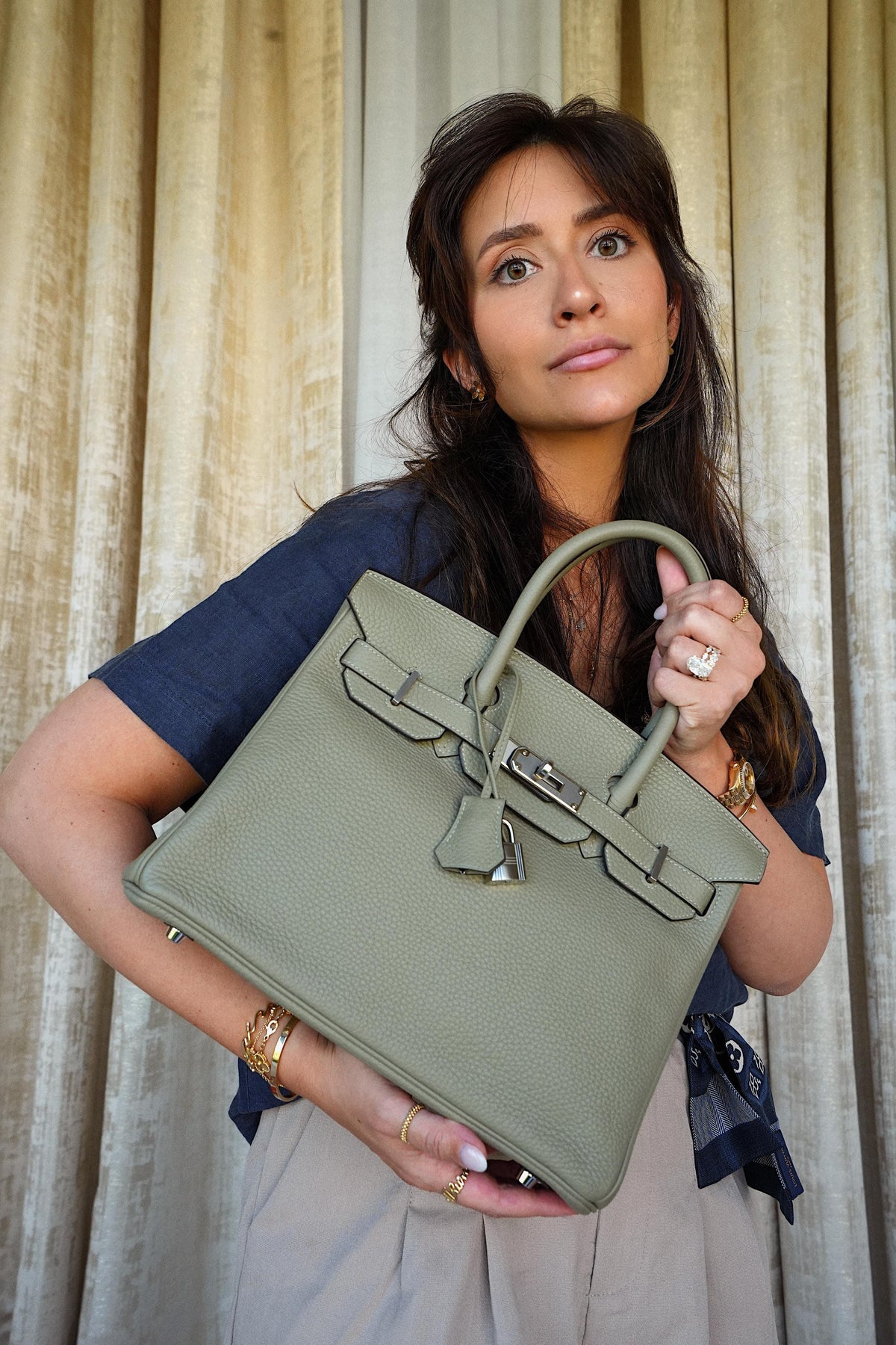 Birkin 30 Sauge Clemence Palladium Plated X Stamp