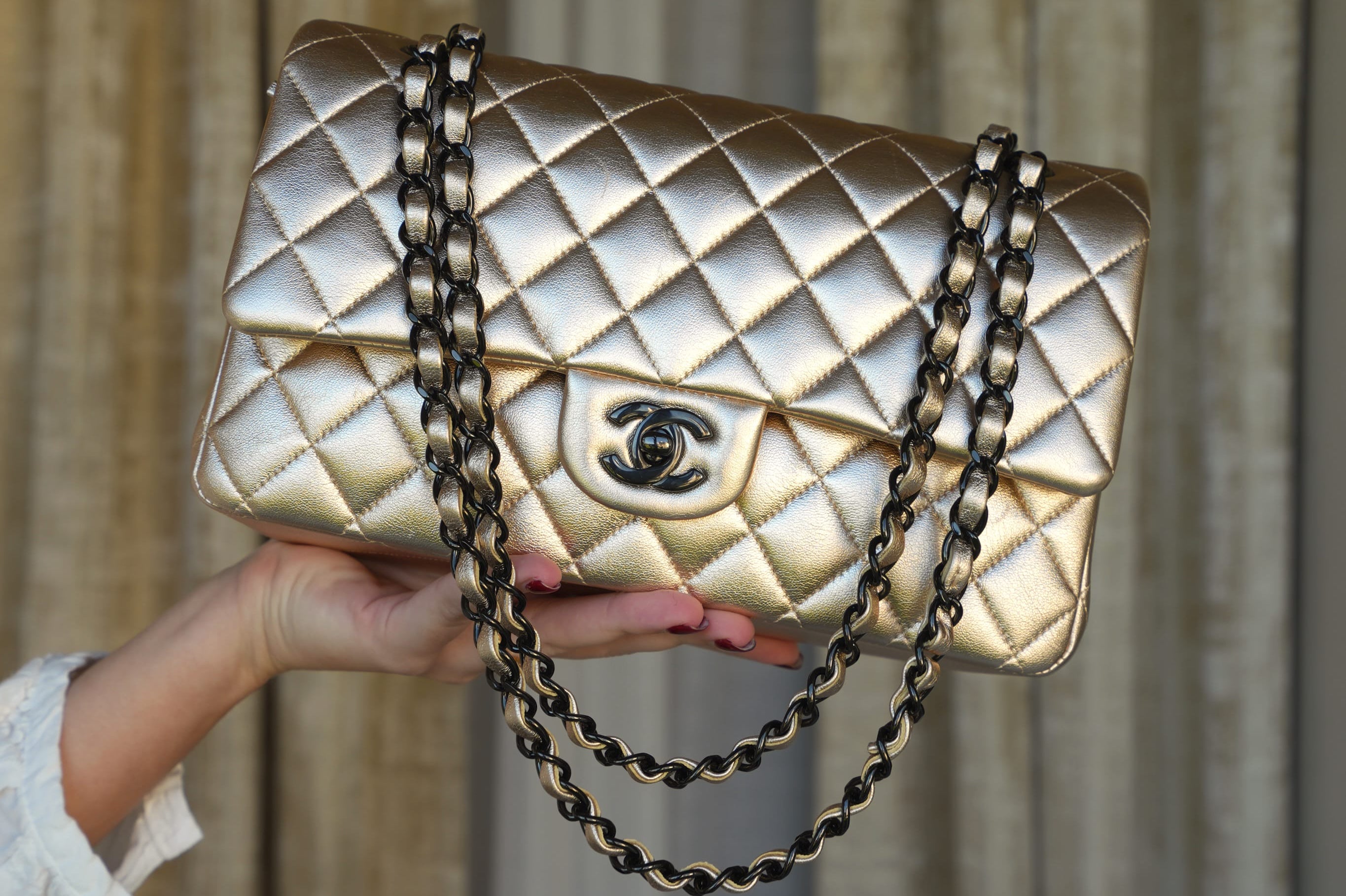 Product image 10 of 23: Light Gold Metallic Lambskin Quilted Classic Flap Medium So Black Hardware