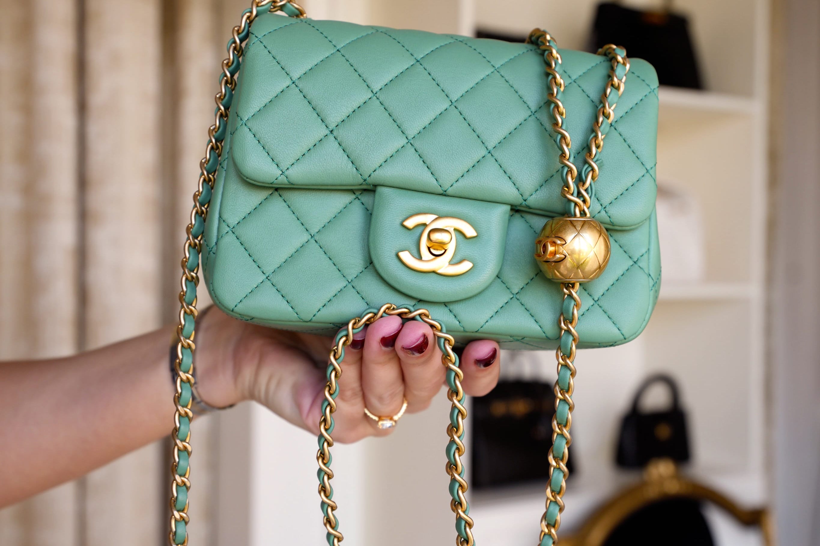 Product image 10 of 23: Green Lambskin Quilted Pearl Crush Mini Square Flap AGHW