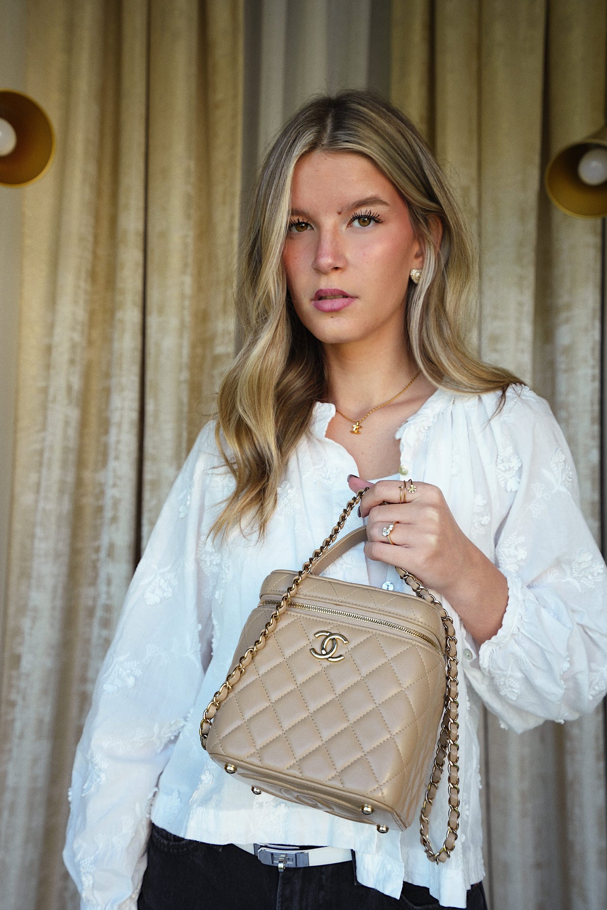 Beige Lambskin Quilted Top Handle Vanity Case LGHW