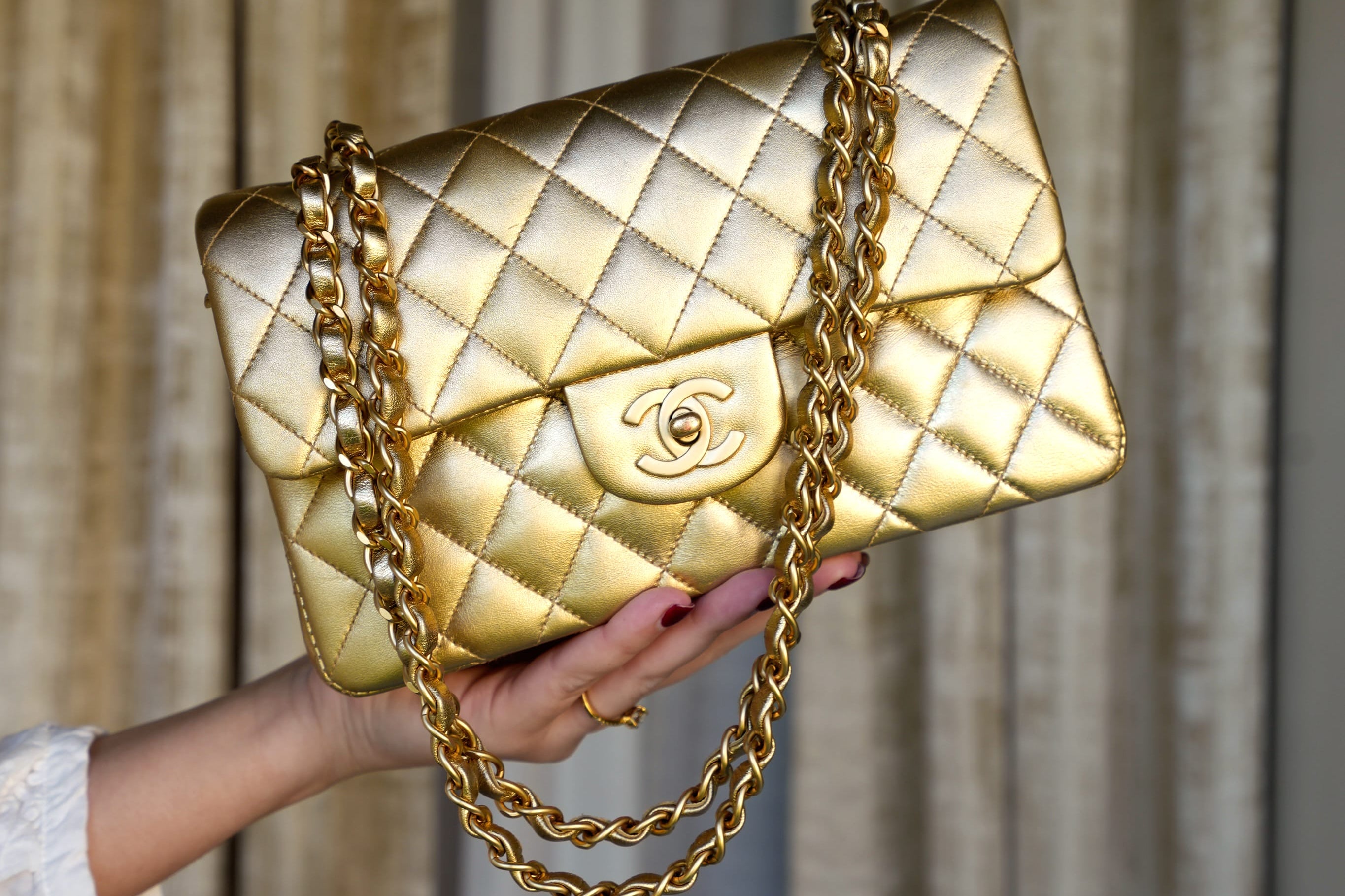 Product image 10 of 32: Gold Metallic Lambskin Quilted Classic Flap Small Aged Gold Hardware