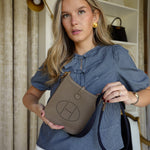 Product image 2 of 16: Evelyne Amazone 16 TPM Etoupe/Bleu Indigo Taurillon Clemence Gold Plated U Stamp