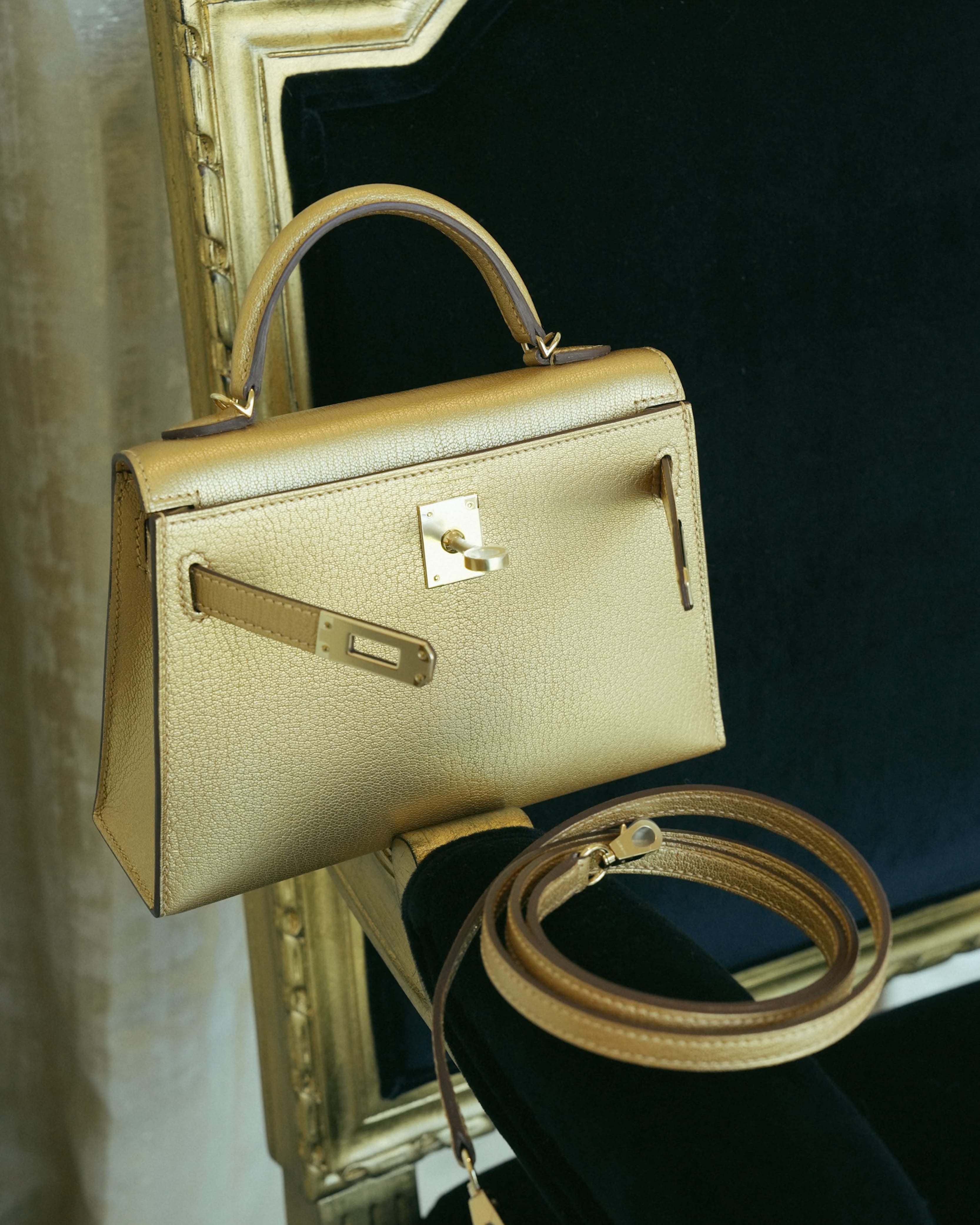 Hermès Kelly handbag, editorial photograph. Editorial imagery, availability varies.
