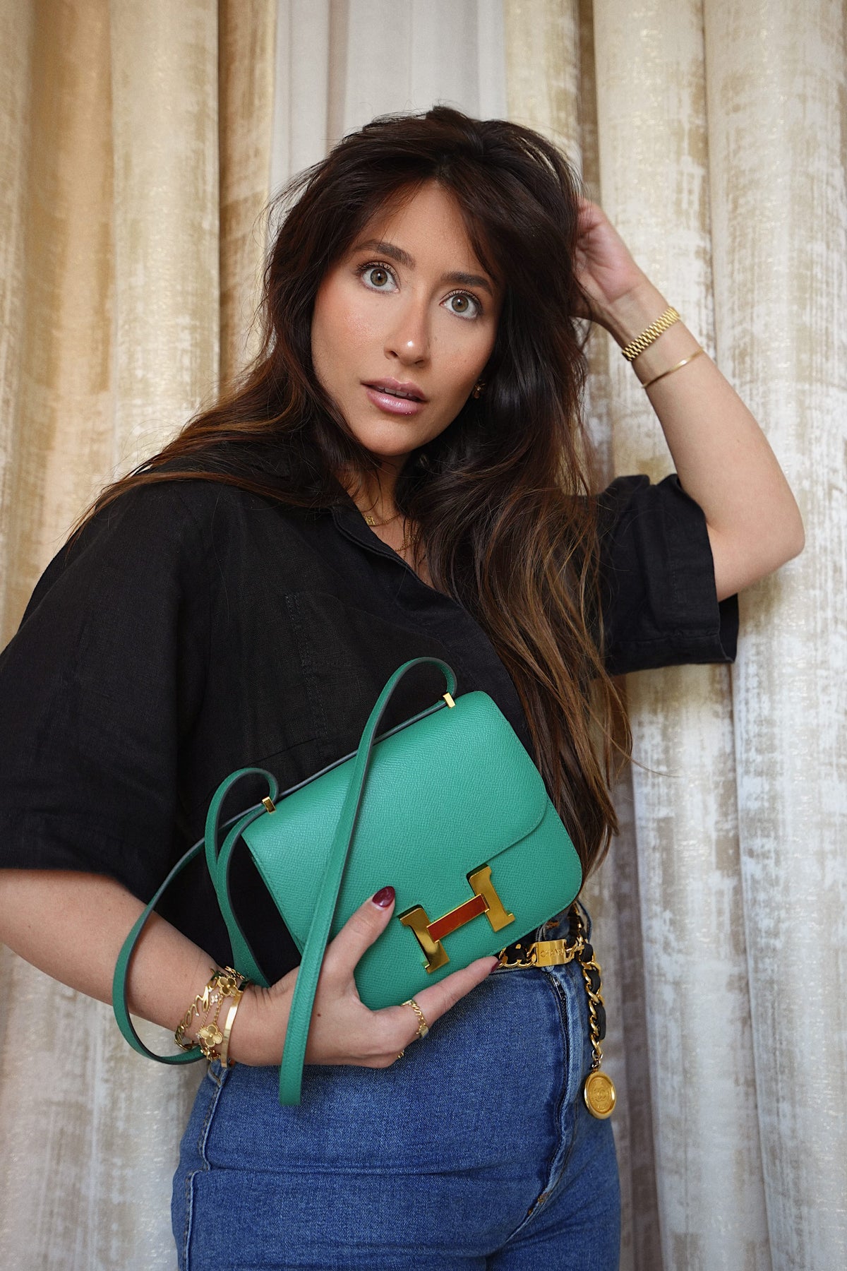 Constance 18 Vert Jade Epsom Gold Plated B Stamp