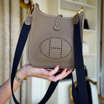 Product image 10 of 16: Evelyne Amazone 16 TPM Etoupe/Bleu Indigo Taurillon Clemence Gold Plated U Stamp
