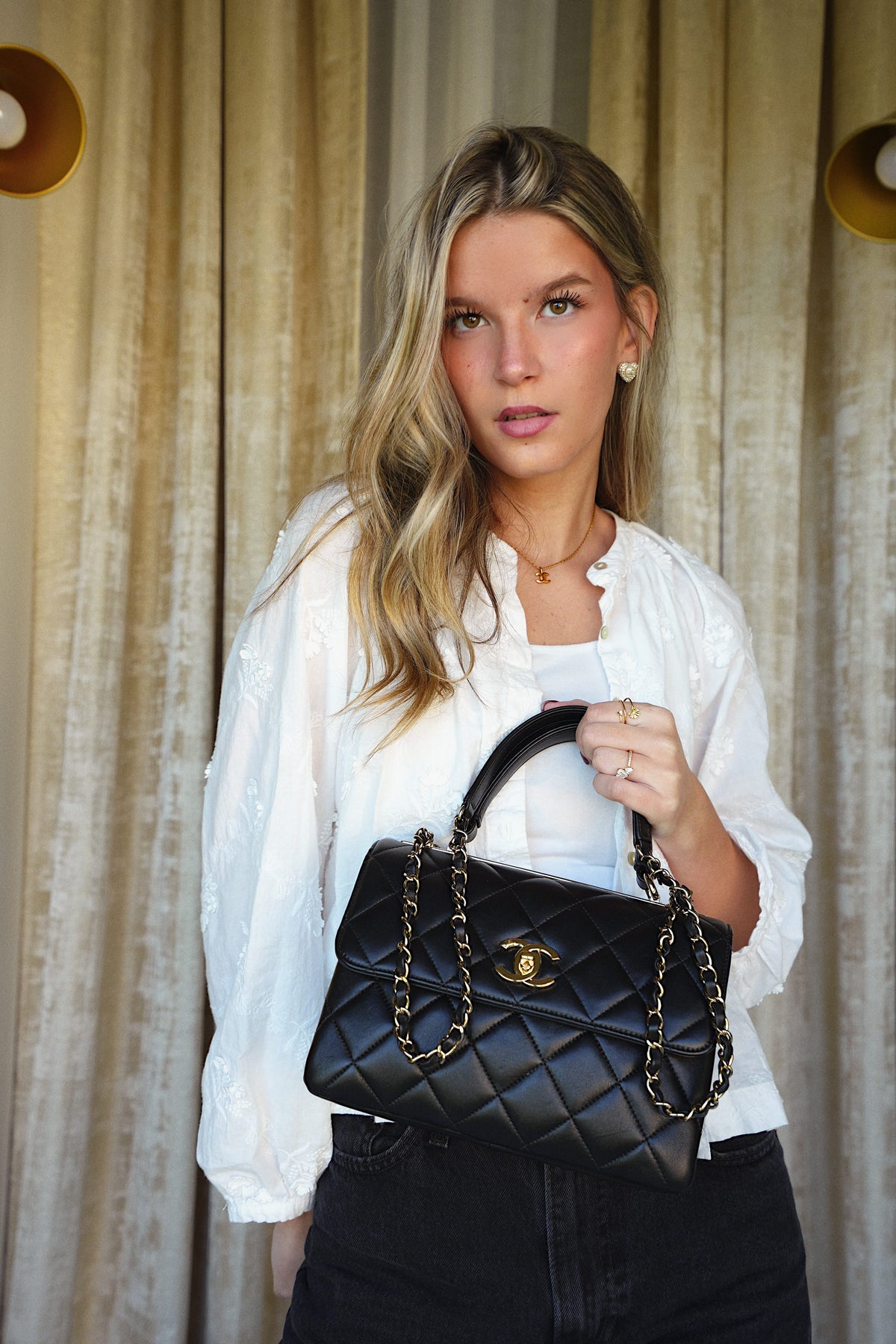 Black Lambskin Quilted Small Trendy CC LGHW