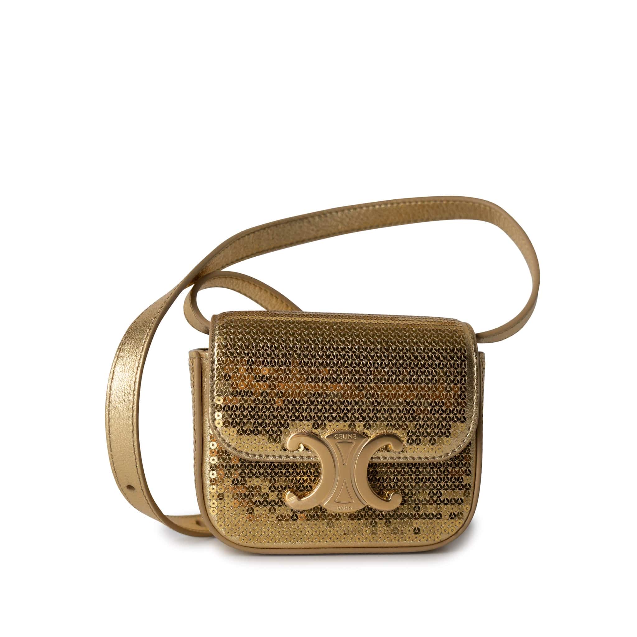 Celine Handbag Celine Gold Mini Triomphe Sequins and Calfskin - Redeluxe