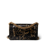 CHANEL 19A Old Medium Le Boy Black and Gold Crocodile Embossed Graffiti - Redeluxe