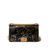 CHANEL 19A Old Medium Le Boy Black and Gold Crocodile Embossed Graffiti - Redeluxe