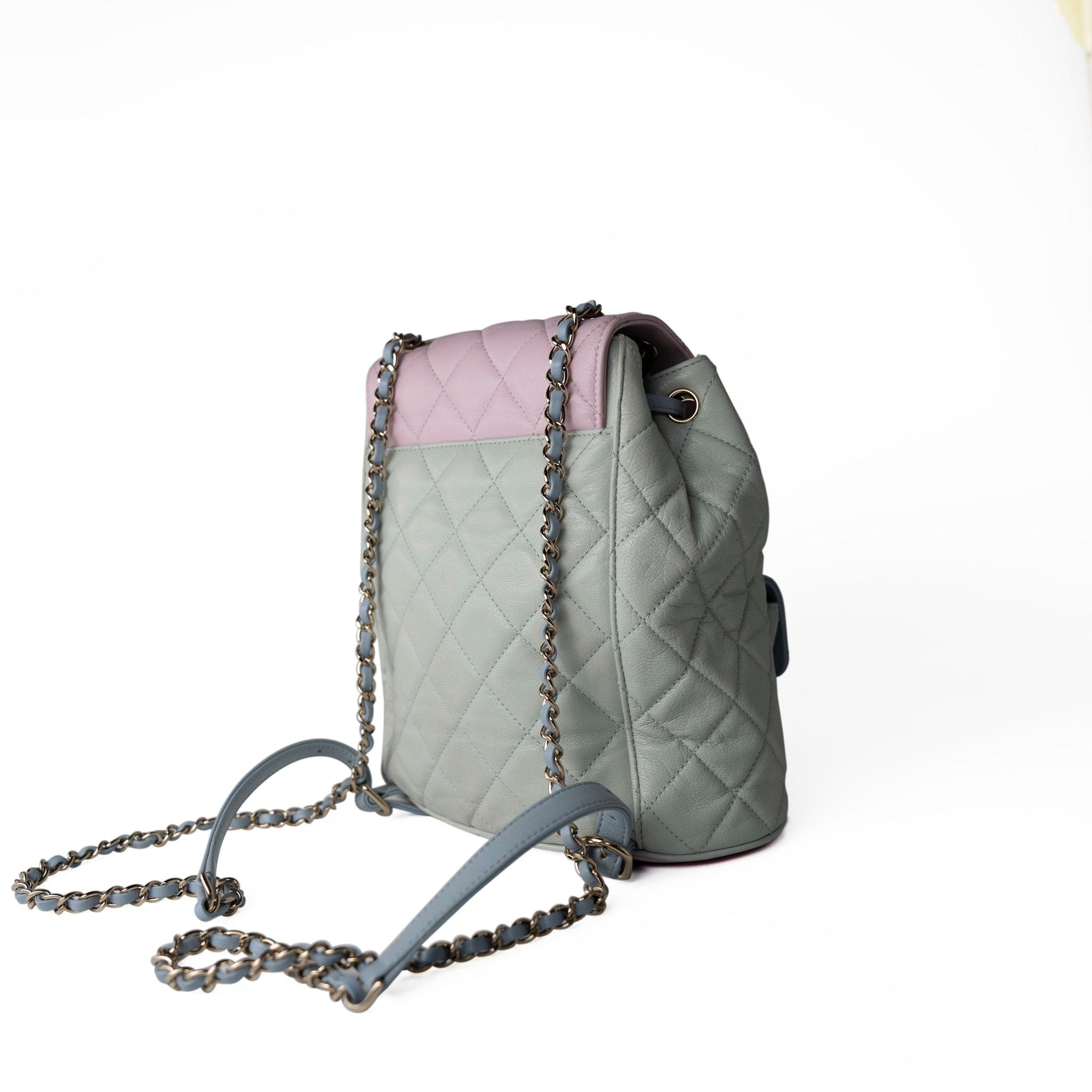 CHANEL Backpack 20C Duma Goatskin Quilted Drawstring Backpack Green Blue Pink - Redeluxe