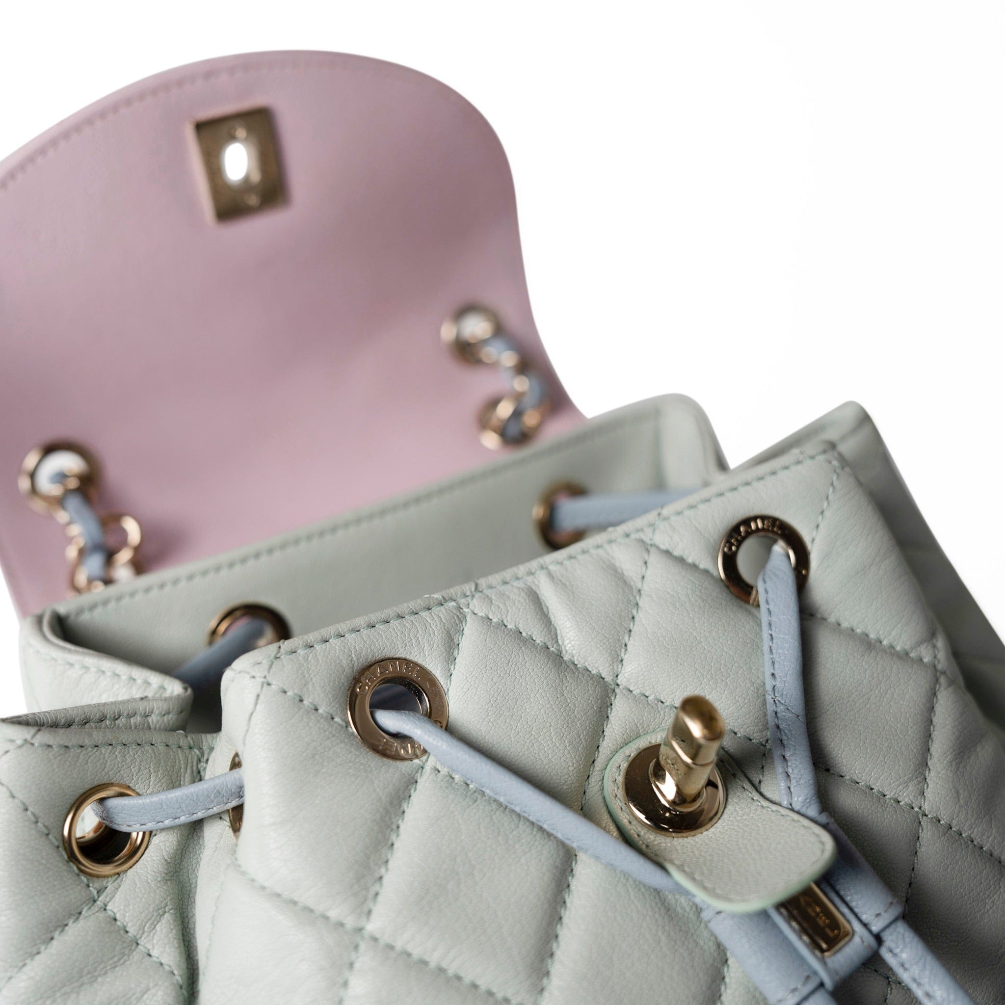 20C Duma Goatskin Quilted Drawstring Backpack Green Blue Pink