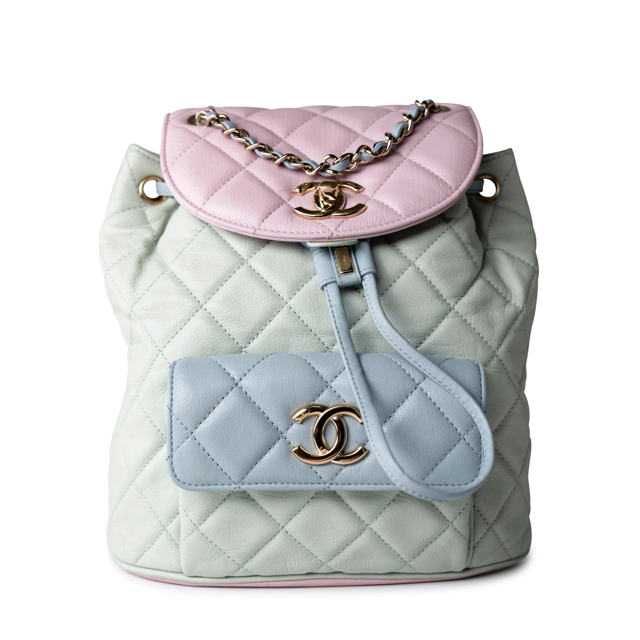 CHANEL Backpack 20C Duma Goatskin Quilted Drawstring Backpack Green Blue Pink - Redeluxe