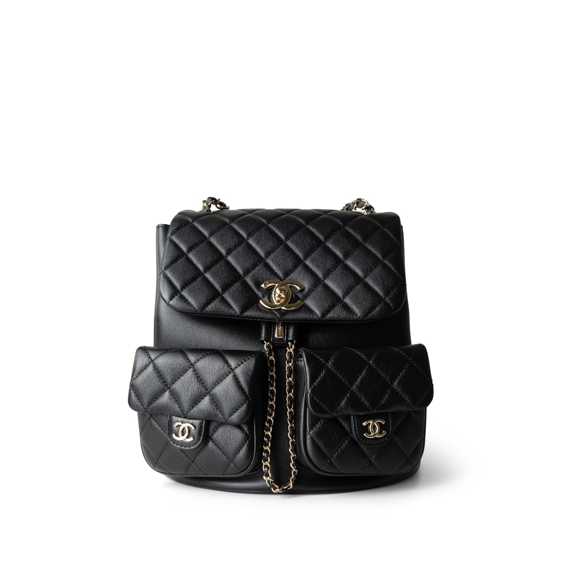 authentic chanel black quilted leather large backpack CHANEL Backpack Black 23A Black Lambskin Quilted Duma Back Pack Light Gold  Hardware