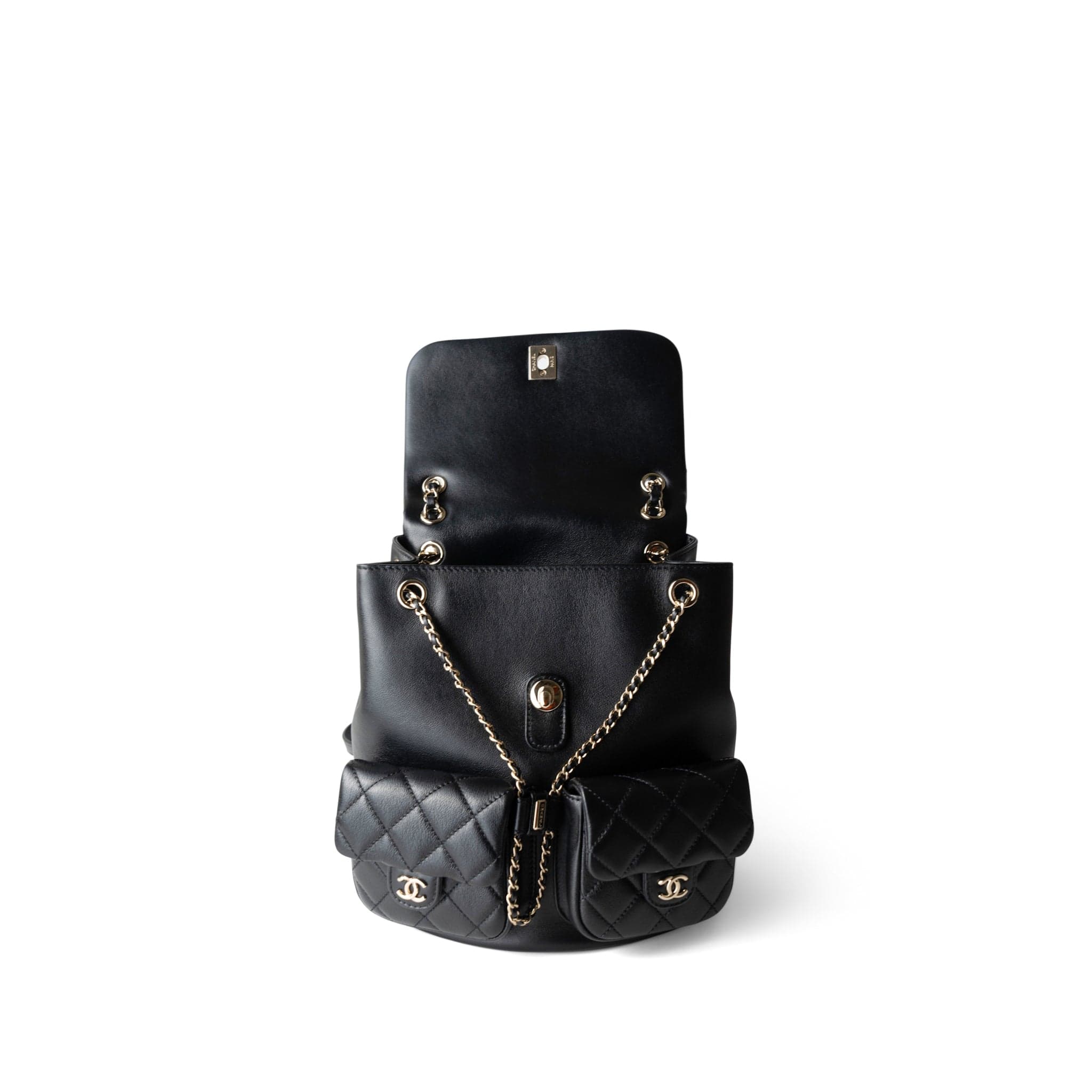 23A Black Lambskin Quilted Duma Back Pack Light Gold Hardware