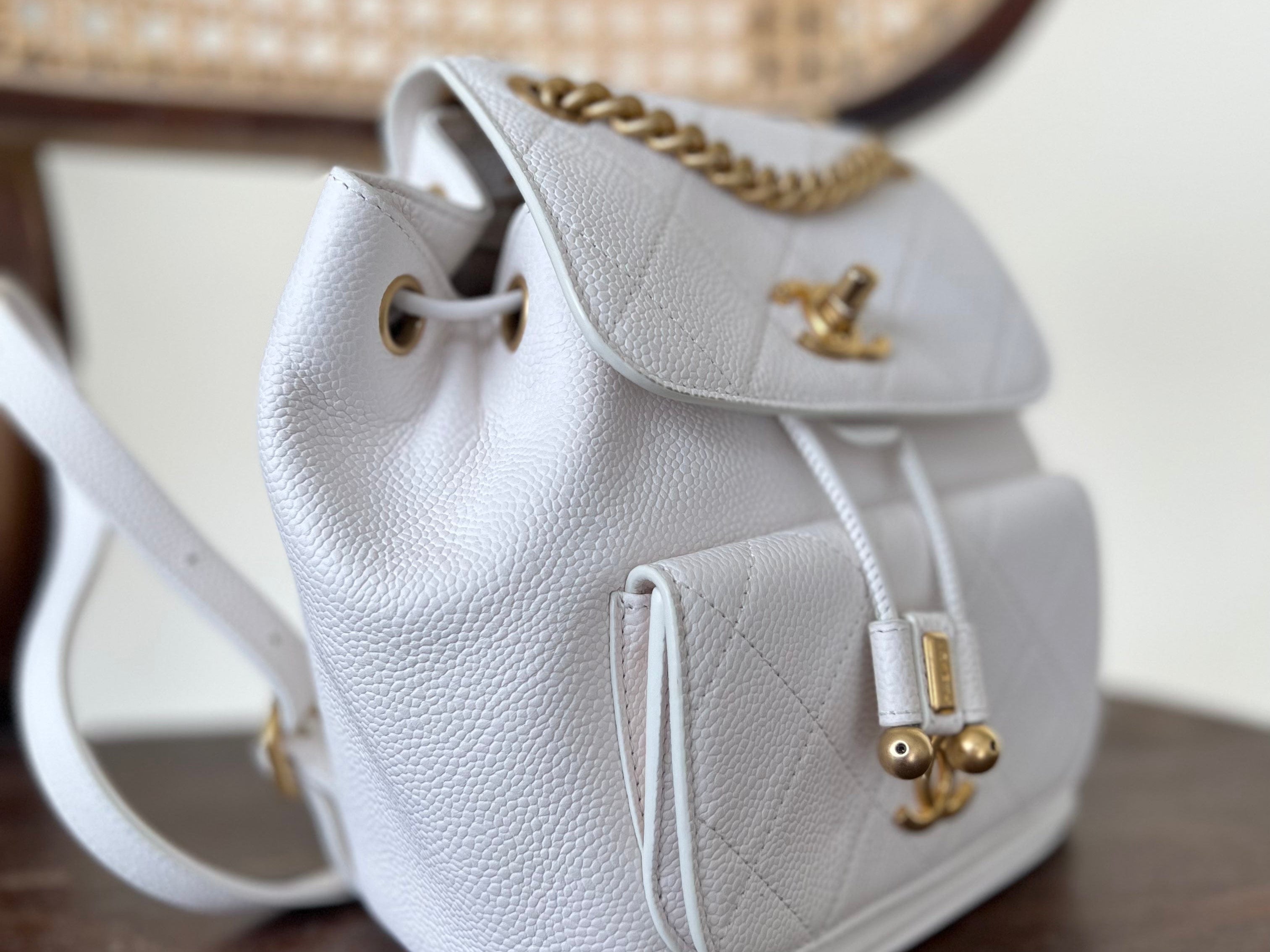 CHANEL Backpack White Caviar Quilted BackPack w/ Aged Gold Hardware - Redeluxe