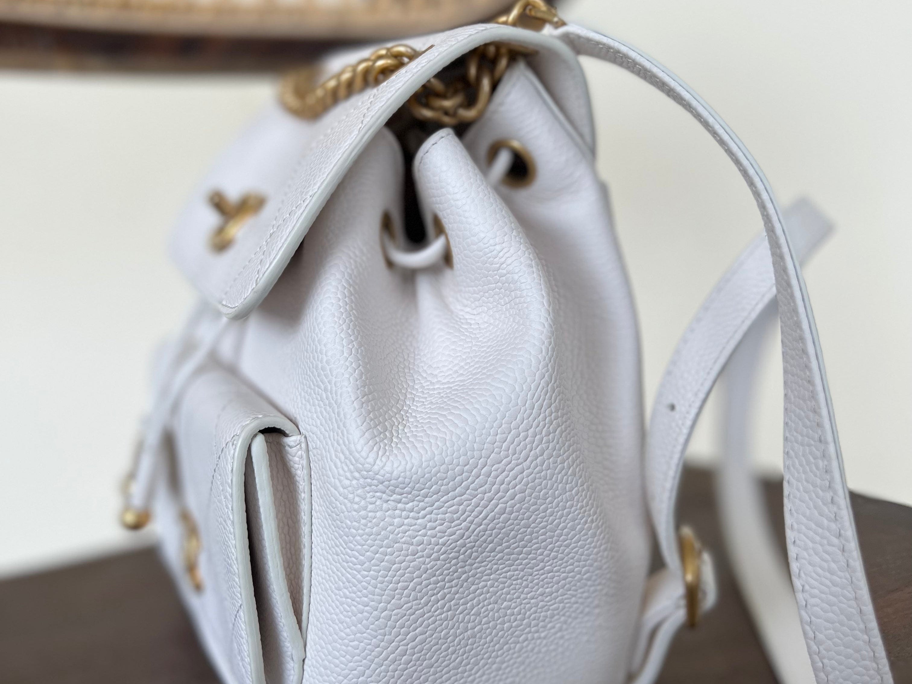 CHANEL Backpack White Caviar Quilted BackPack w/ Aged Gold Hardware - Redeluxe