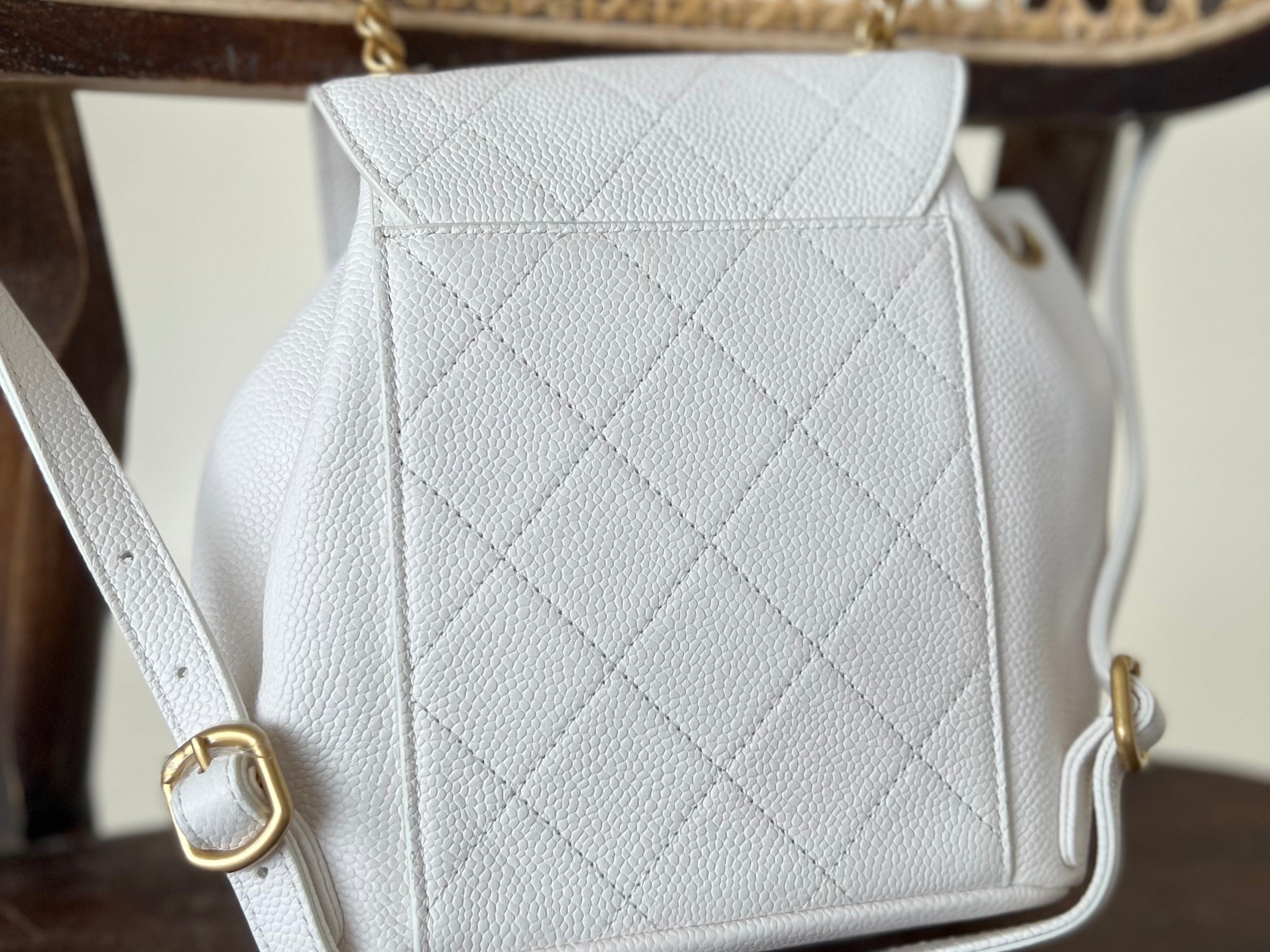 CHANEL Backpack White Caviar Quilted BackPack w/ Aged Gold Hardware - Redeluxe